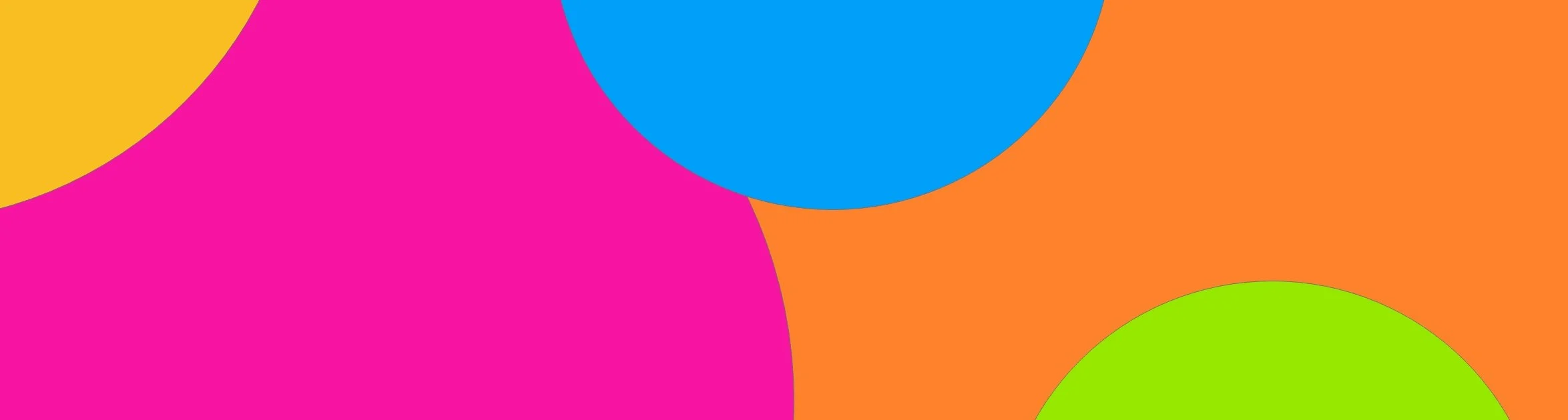 Colorful abstract design with large circles in yellow, pink, blue, orange, and green overlapping each other.