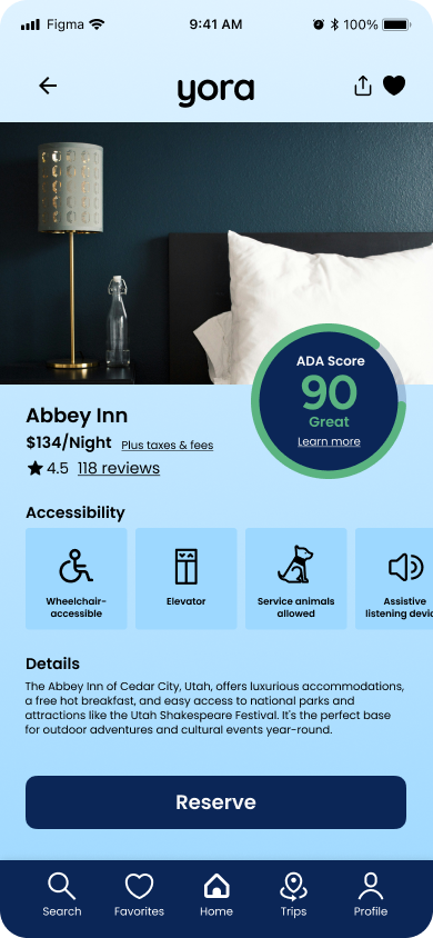 Screenshot of a hotel booking app showing Abbey Inn, with an ADA score of 90 labeled 'Great', price $134 per night, 4.5 stars from 118 reviews, accessibility features, and a reserve button.