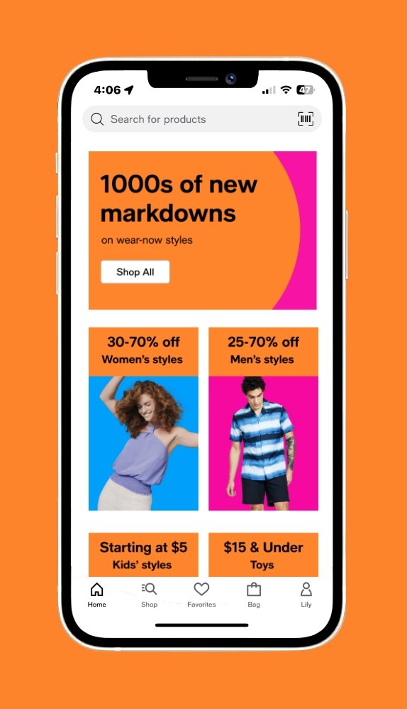 Smartphone displaying a shopping app with banners for markdowns on wear-now styles, discounts on women's and men's clothing, kids' styles, and toys, set against an orange background.