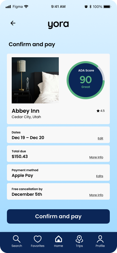 Mobile app screen showing hotel booking details for Abbey Inn in Cedar City, Utah, with an Ada Score of 90, dates December 19-20, total $150.43, paid via Apple Pay, with free cancellation by December 5th.