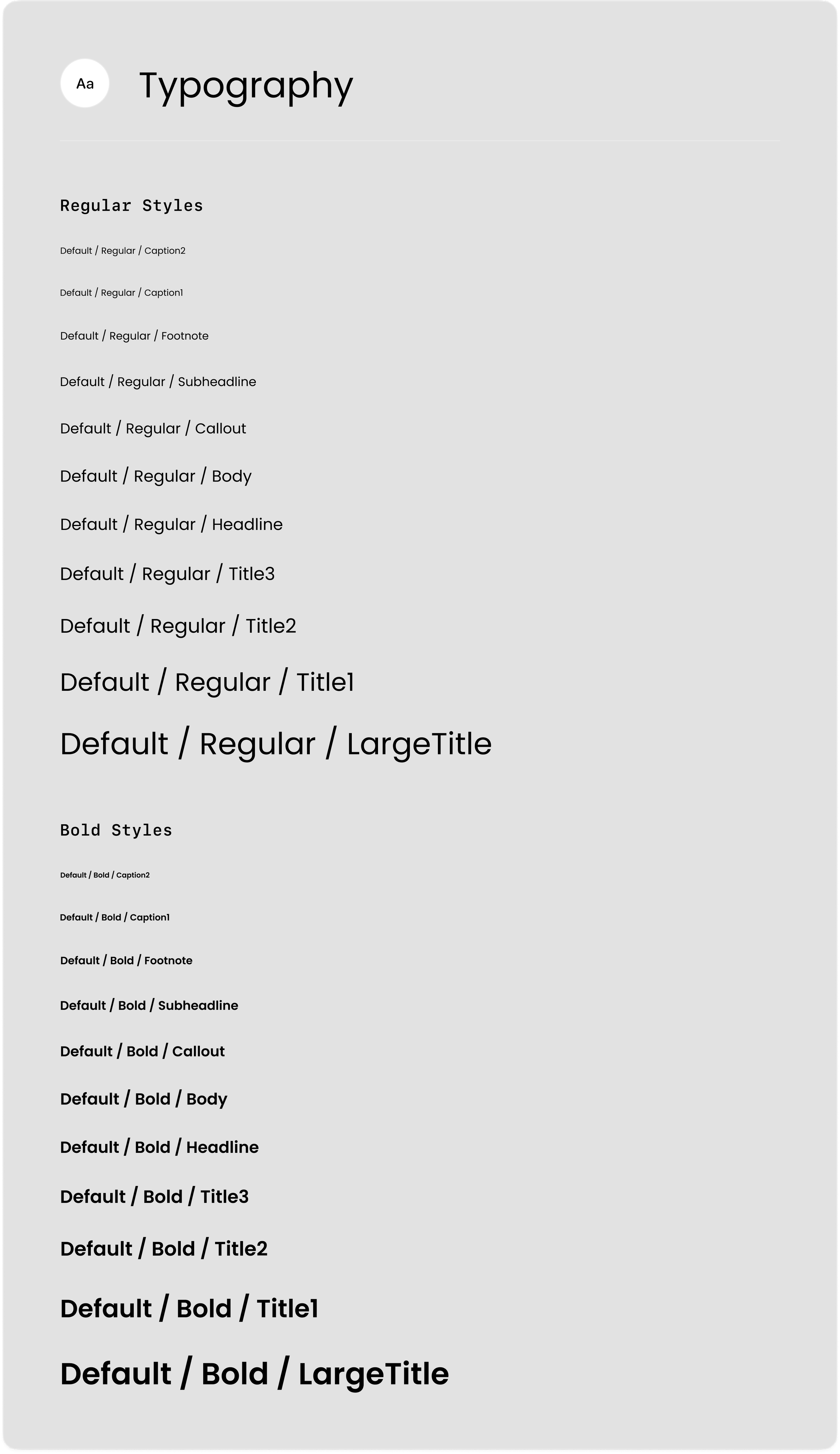 Screenshot of typography style options, including regular and bold styles in various sizes labeled Caption, Footnote, Subheadline, Callout, Body, Headline, Title, Title2, Title3, and LargeTitle.