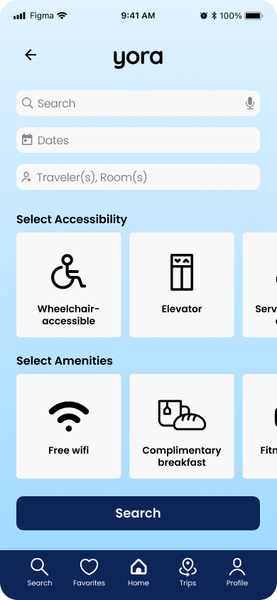 Mobile app interface for a hotel booking platform with fields for search, dates, and room selection, options for wheelchair accessibility, elevator, free Wi-Fi, complimentary breakfast, and a search button.