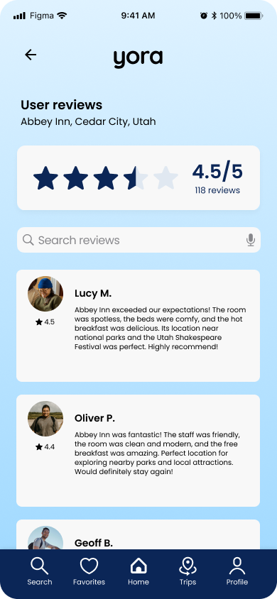 Mobile display showing user reviews for Abbey Inn in Cedar City, Utah, with a 4.5-star rating based on 118 reviews. The reviews include comments from Lucy M. and Oliver P.