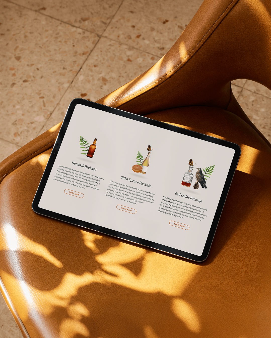Evergreen Bar Company website design displayed on a tablet featuring curated bar packages