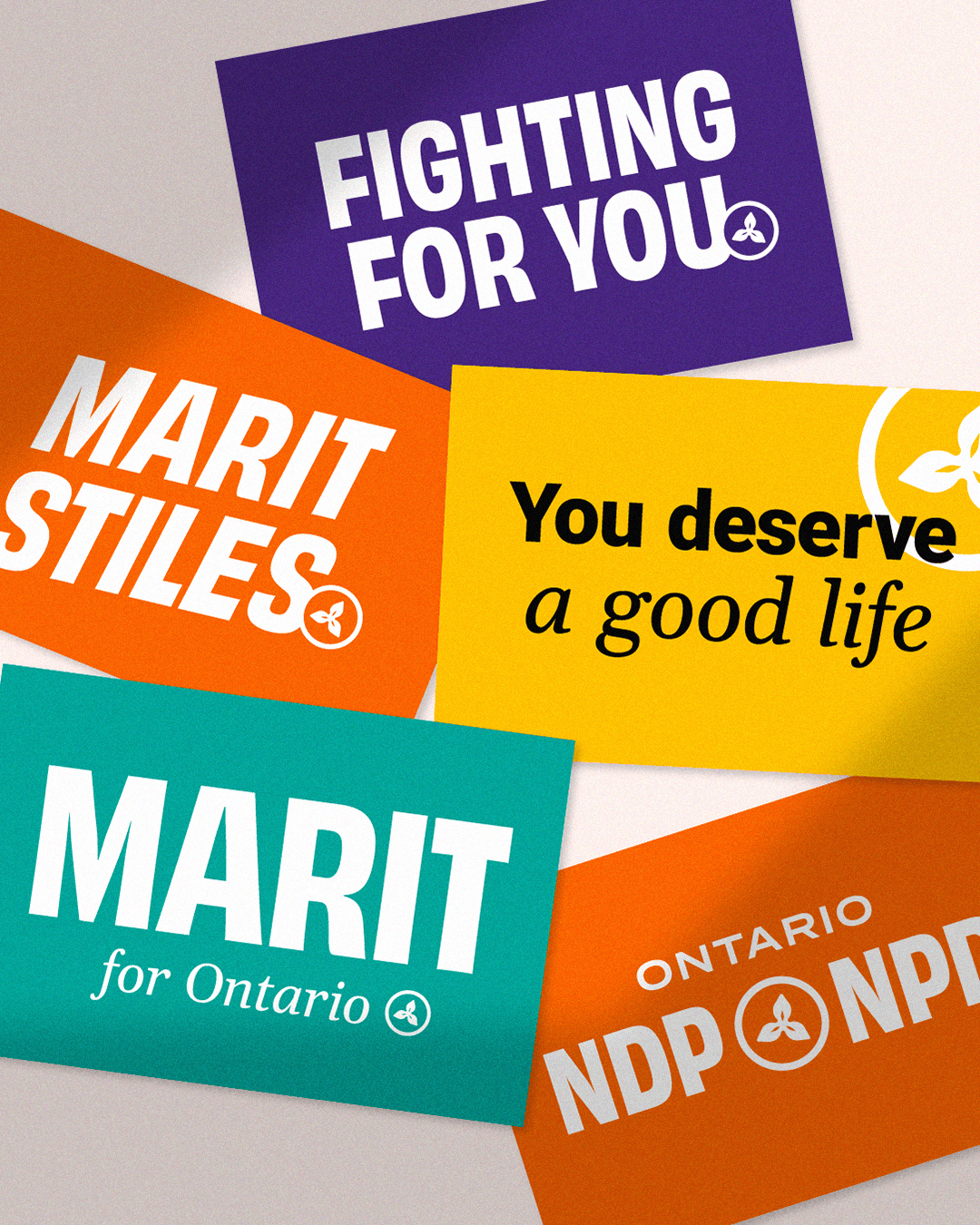 Collection of Ontario NDP campaign graphics using bright colours and typographic slogans