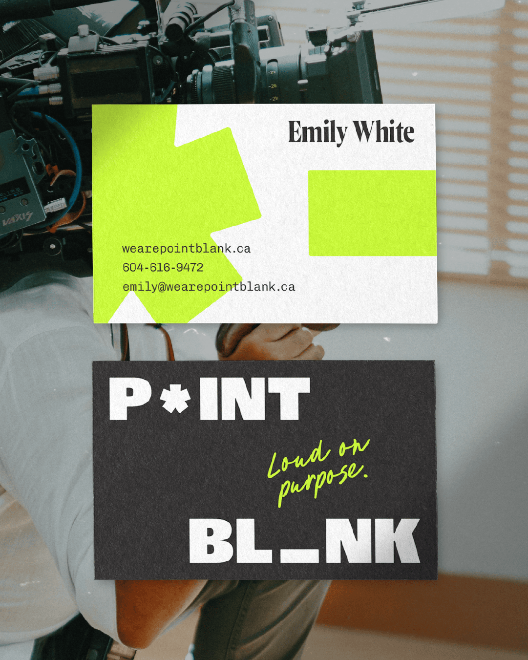 Business card designs from the Point Blank rebrand featuring bold typography and signature brand shapes