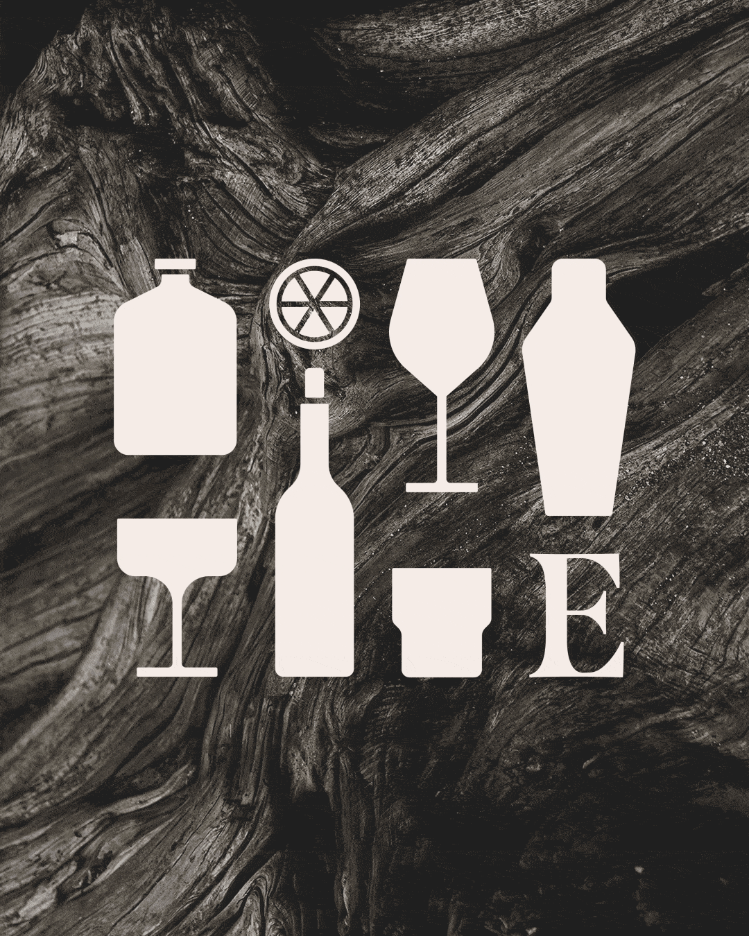 Animated icon illustration featuring bottles, glassware, and bar tools used as part of Evergreen Bar Company’s visual identity