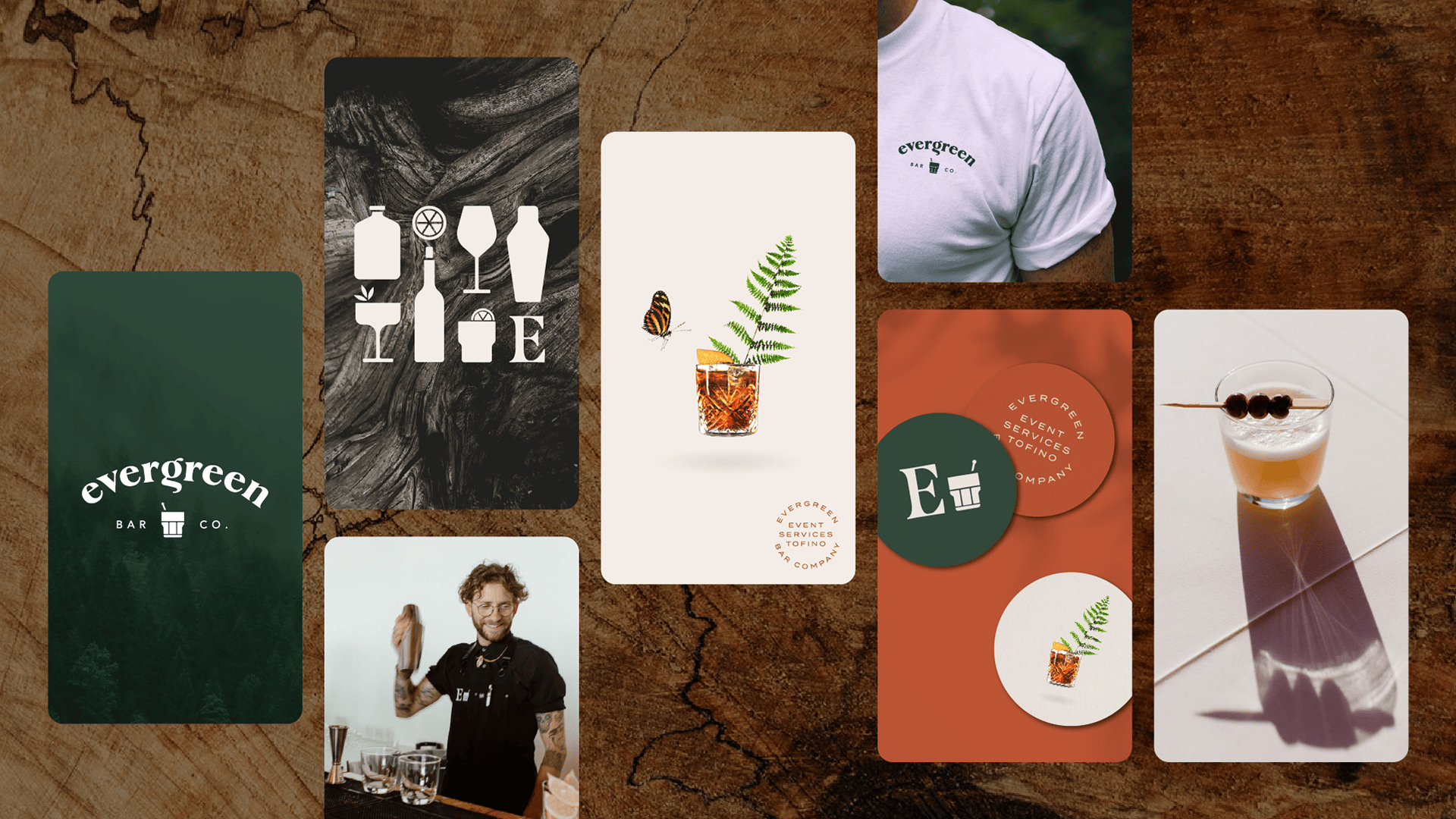 Instagram story designs for Evergreen Bar Company showcasing brand identity, illustrations, merchandise, and cocktails