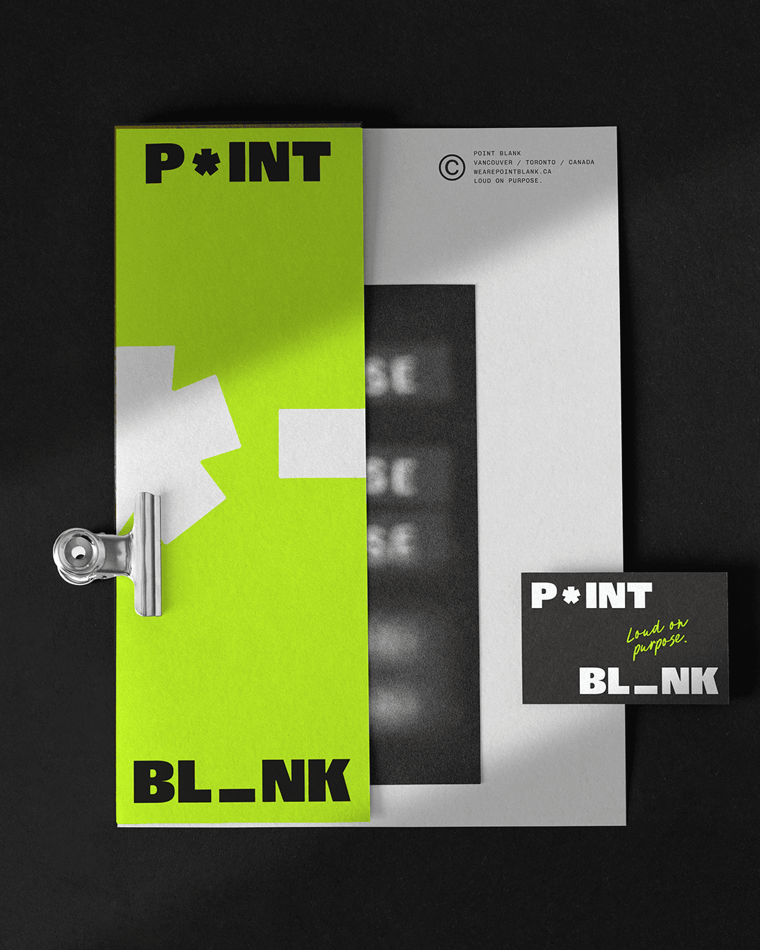 Print design concepts from the Point Blank rebrand showing poster layouts and branded materials