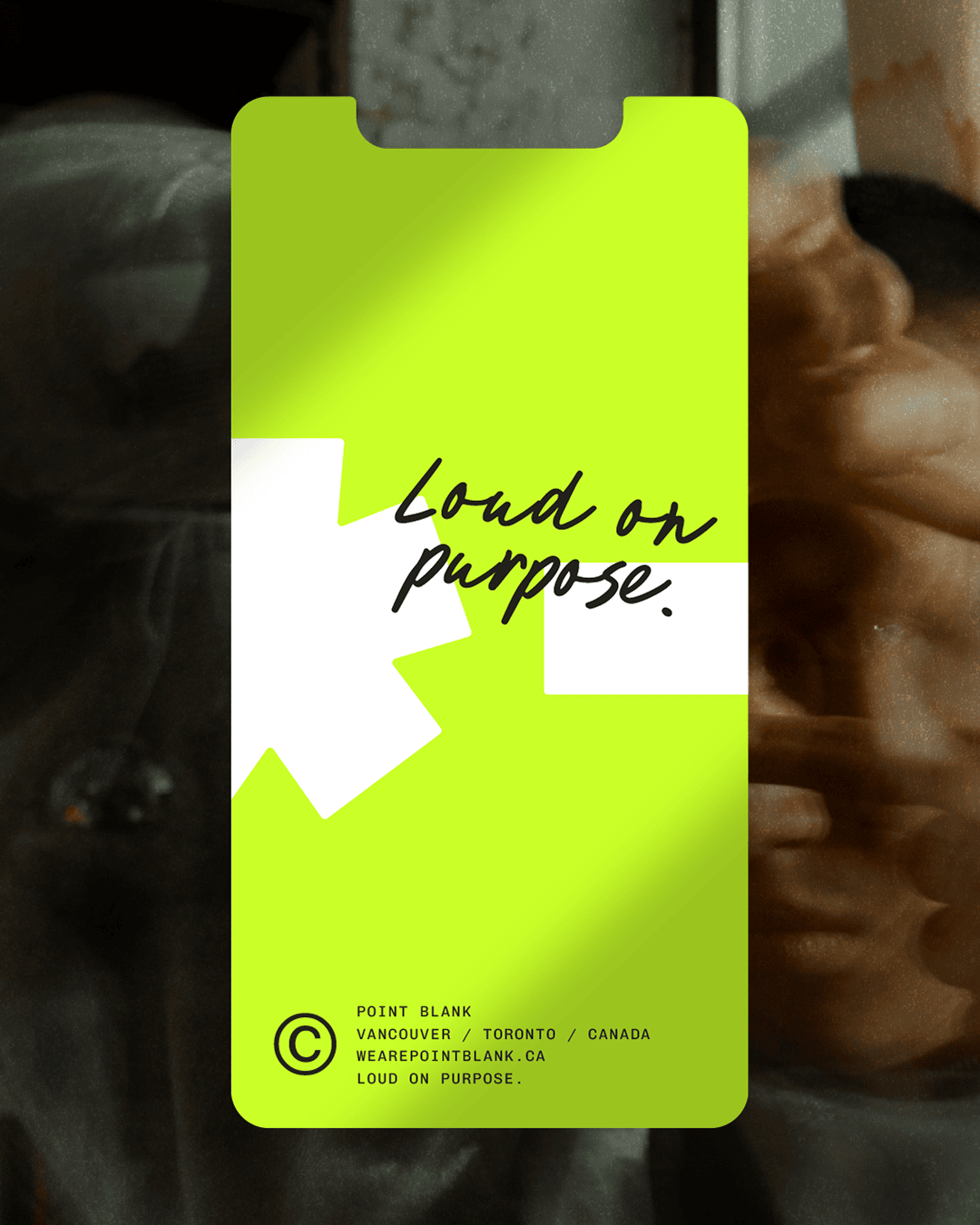 Mobile social media layout from the Point Blank agency rebrand featuring the loud on purpose tagline
