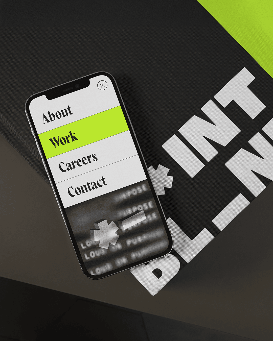 Mobile navigation design from the Point Blank rebrand highlighting the Work section