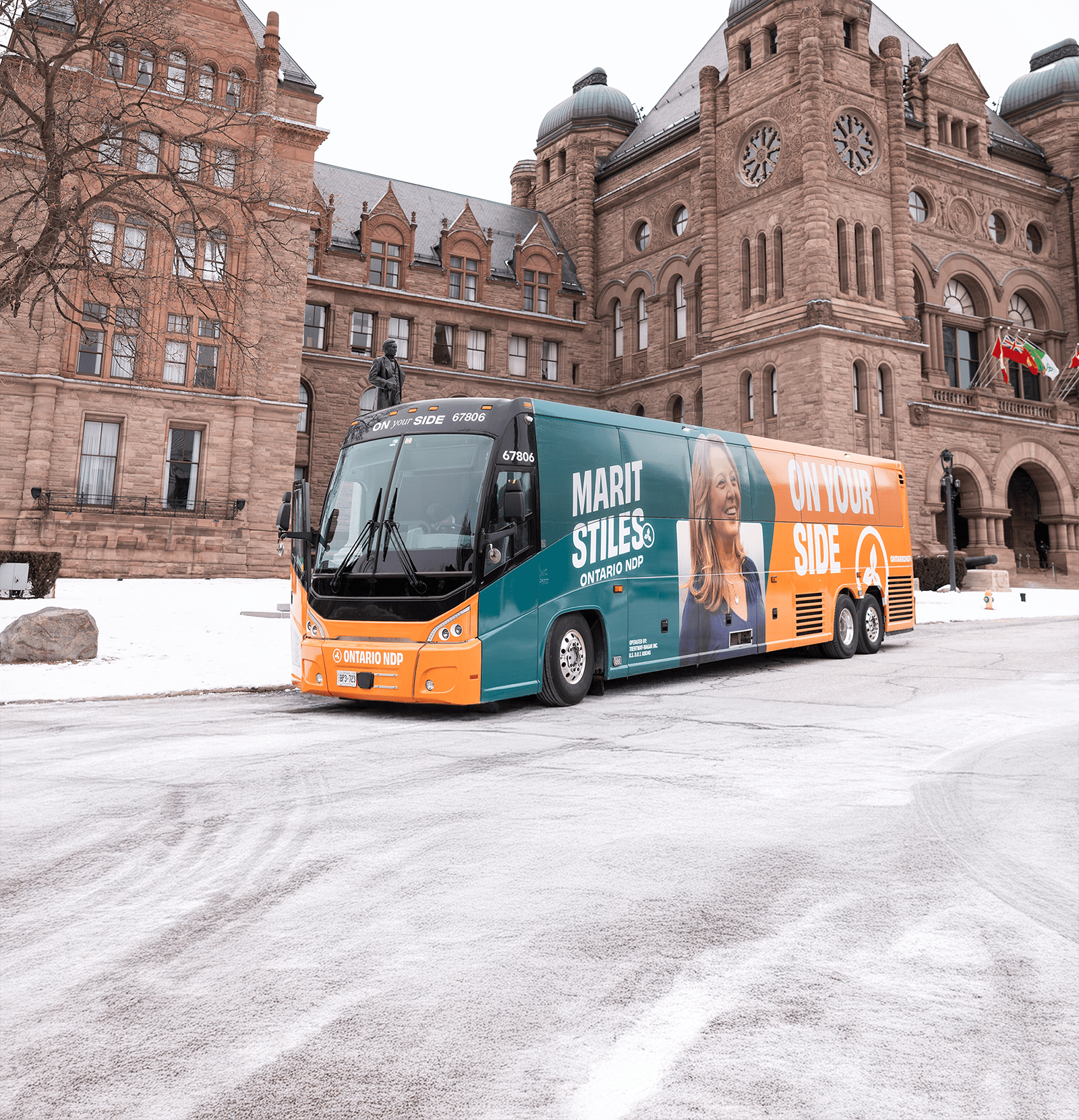 Marit Stiles Ontario NDP campaign bus showcasing large-scale election branding