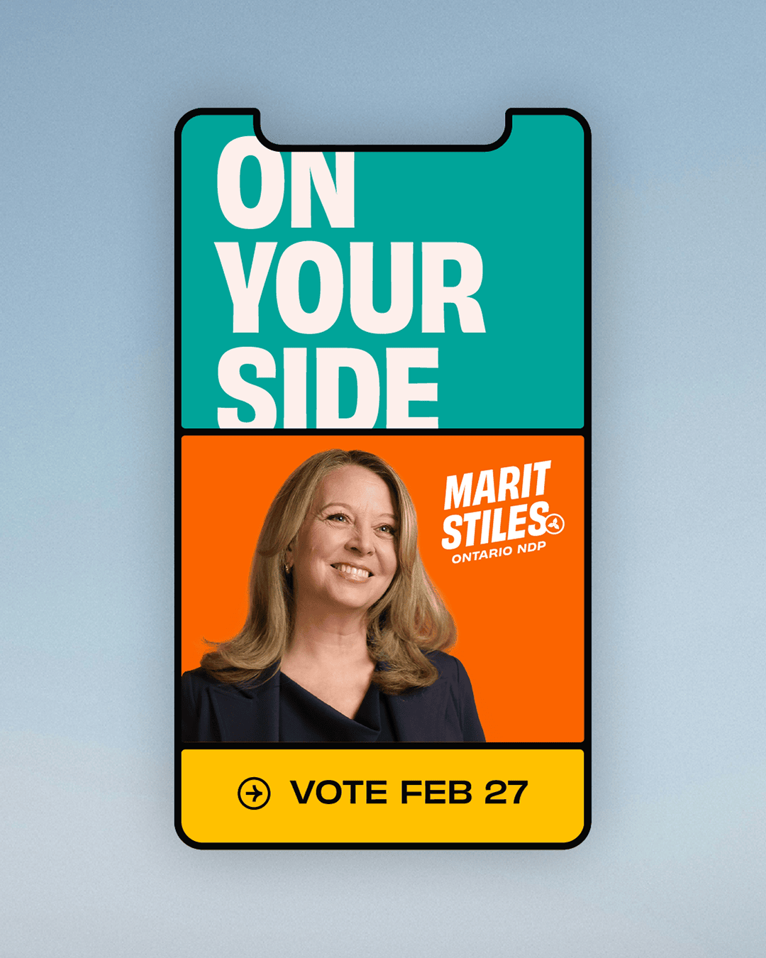 Instagram story design for the Ontario NDP showing Marit Stiles’ portrait, campaign branding, and a clear election call to action