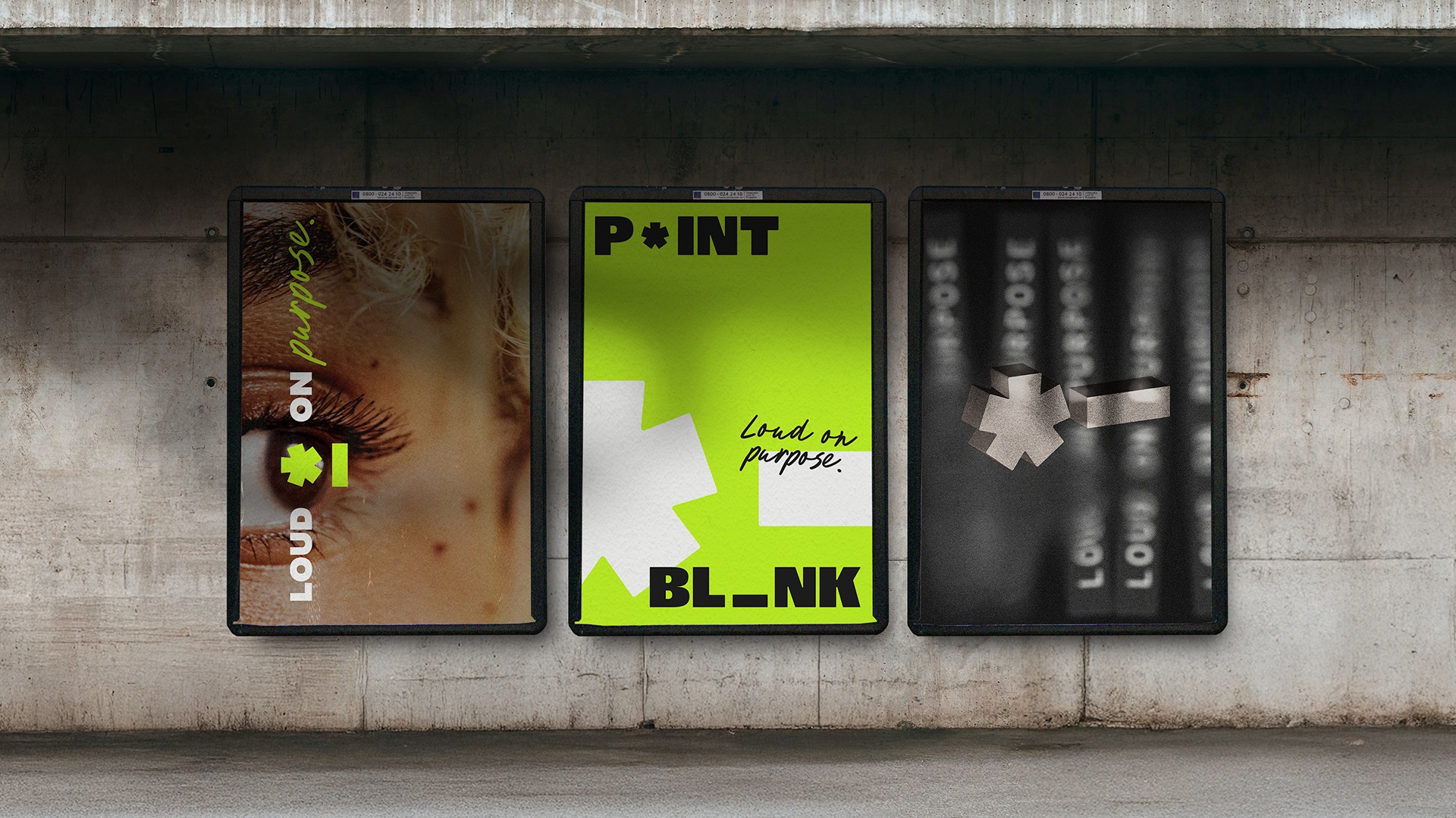 Outdoor poster concepts from the Point Blank rebrand displayed as large-format advertising panels