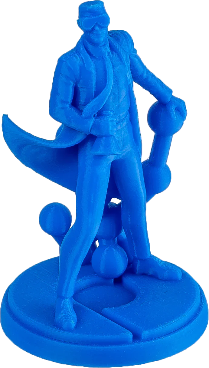 Blue 3D-printed figurine of a confident man holding a football, standing on a circular base with decorative elements.