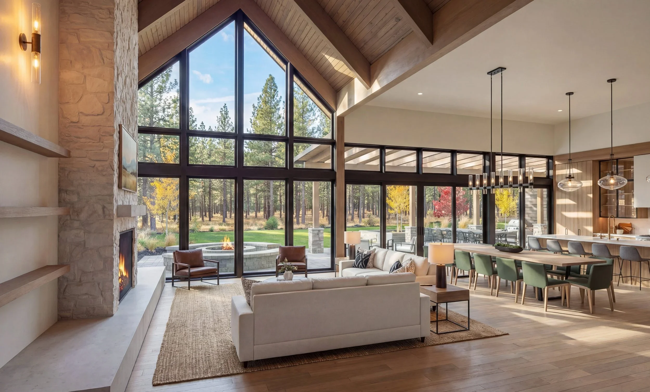 Spacious living room with large floor-to-ceiling windows overlooking trees, fireplace, white sofa, armchair, coffee tables, dining table with chairs, kitchen in background, pendant lights, and hardwood flooring.