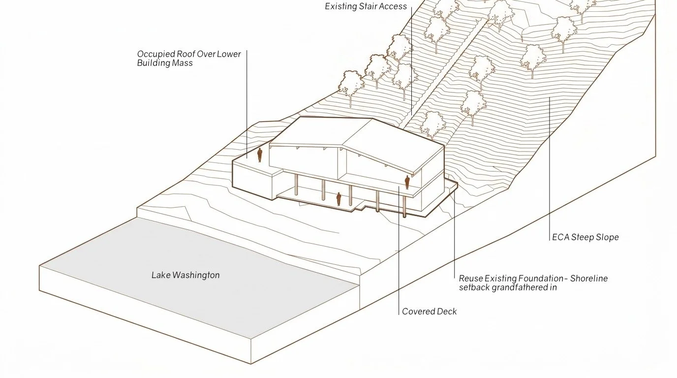 Exploring a challenging site with shoreline setbacks and steep slopes&mdash;totally worth it for these Lake Views! Early massing study for a new build on an existing foundation in Kirkland, WA.