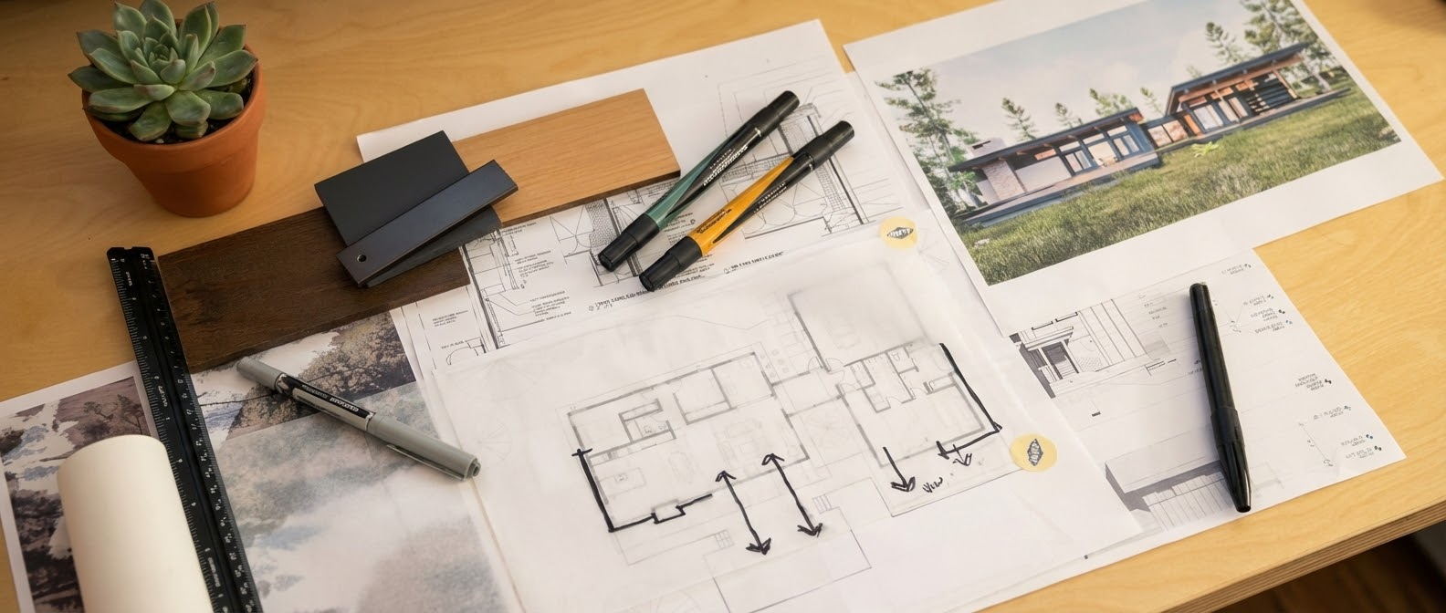 Architectural plans and drawings of a house, with pens, markers, and sample materials on a wooden desk, along with a potted succulent plant and colored photographs of the house and landscape.