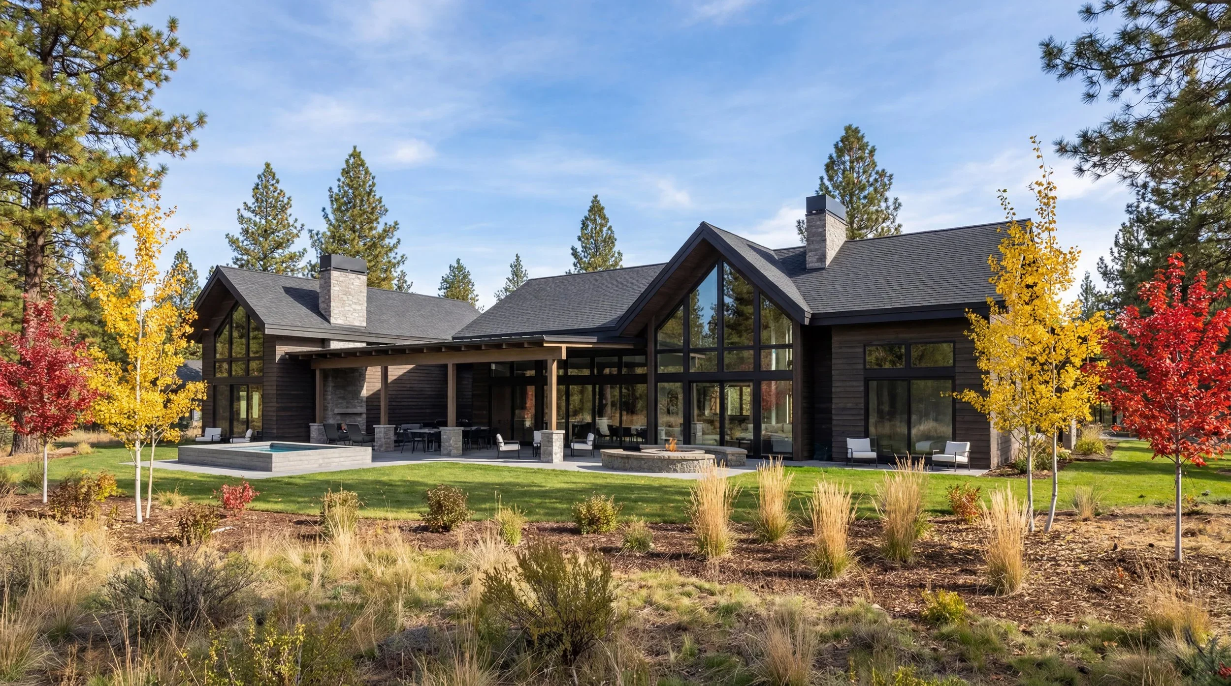 Modern residential house with large glass windows, a covered patio, and outdoor furniture, surrounded by landscaped yard with colorful autumn trees and tall pine trees in the background.