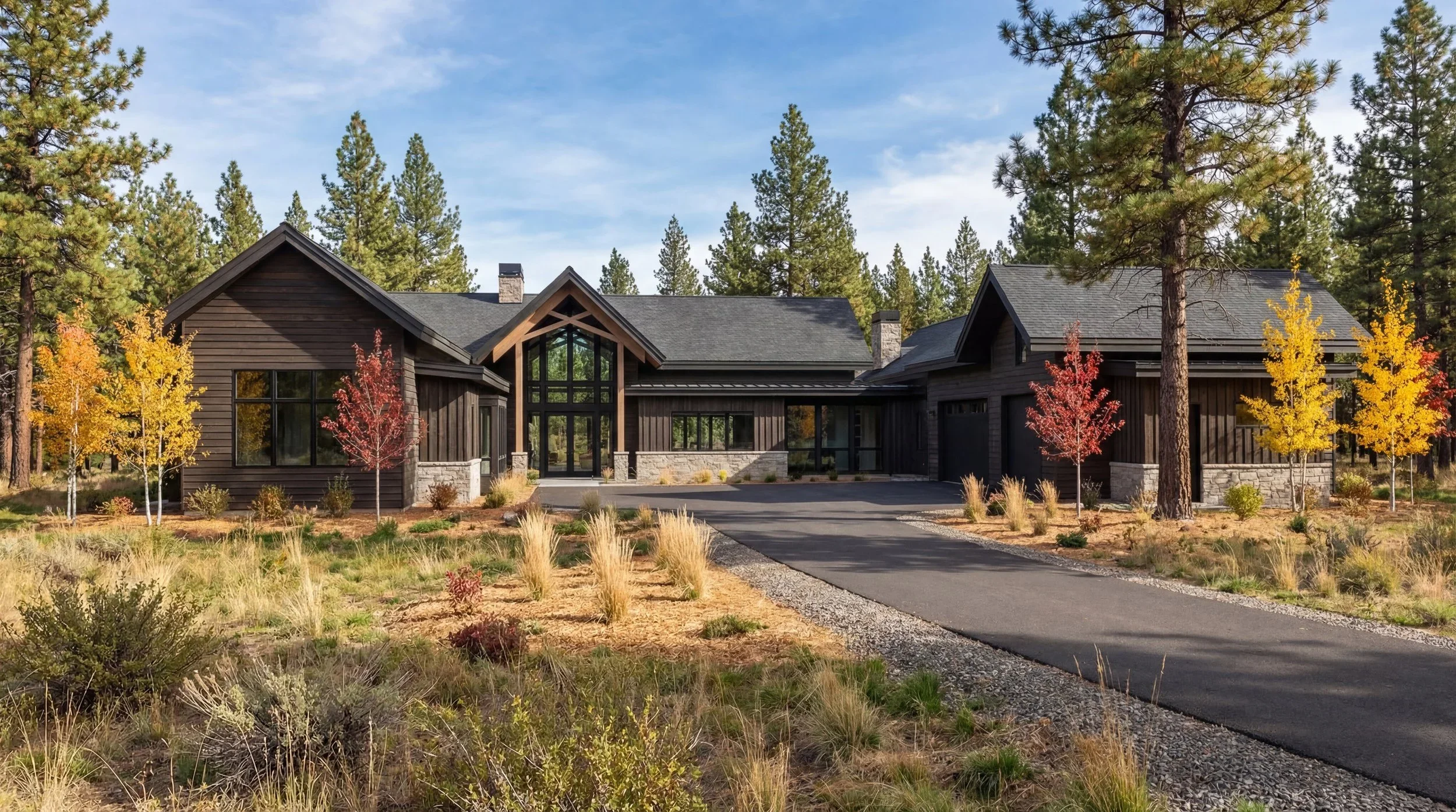 A modern house with dark wooden siding and large glass windows, surrounded by pine trees and autumn-colored trees, with a paved driveway leading to the garage, and landscaped with grasses and shrubs.