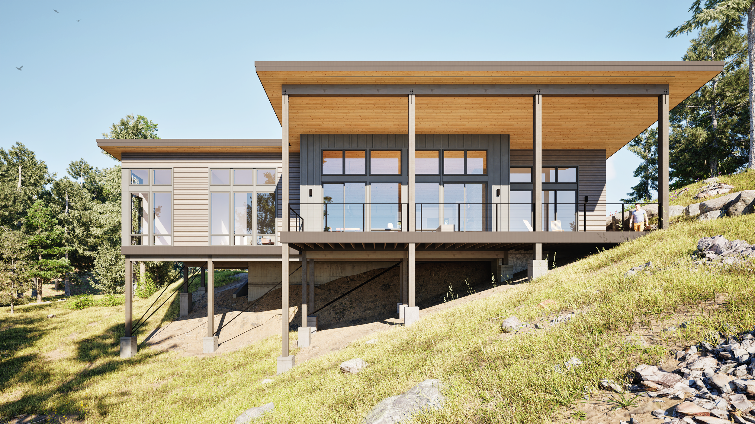 Modern house with large windows, wooden exterior, and a spacious balcony on a grassy hillside with trees.