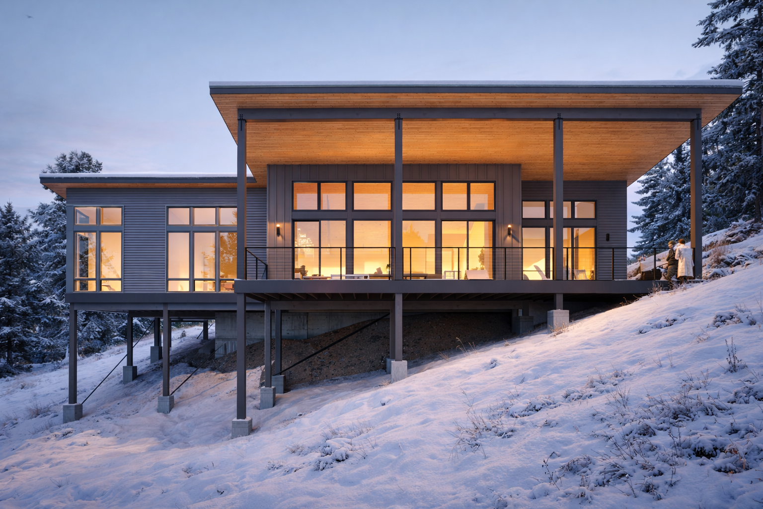 Modern house on stilts with large windows and a spacious balcony, situated on a snowy hillside during sunset.
