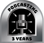 Podcasting logo celebrating 3 years with a microphone icon and the text 'Podcasting 3 Years'.
