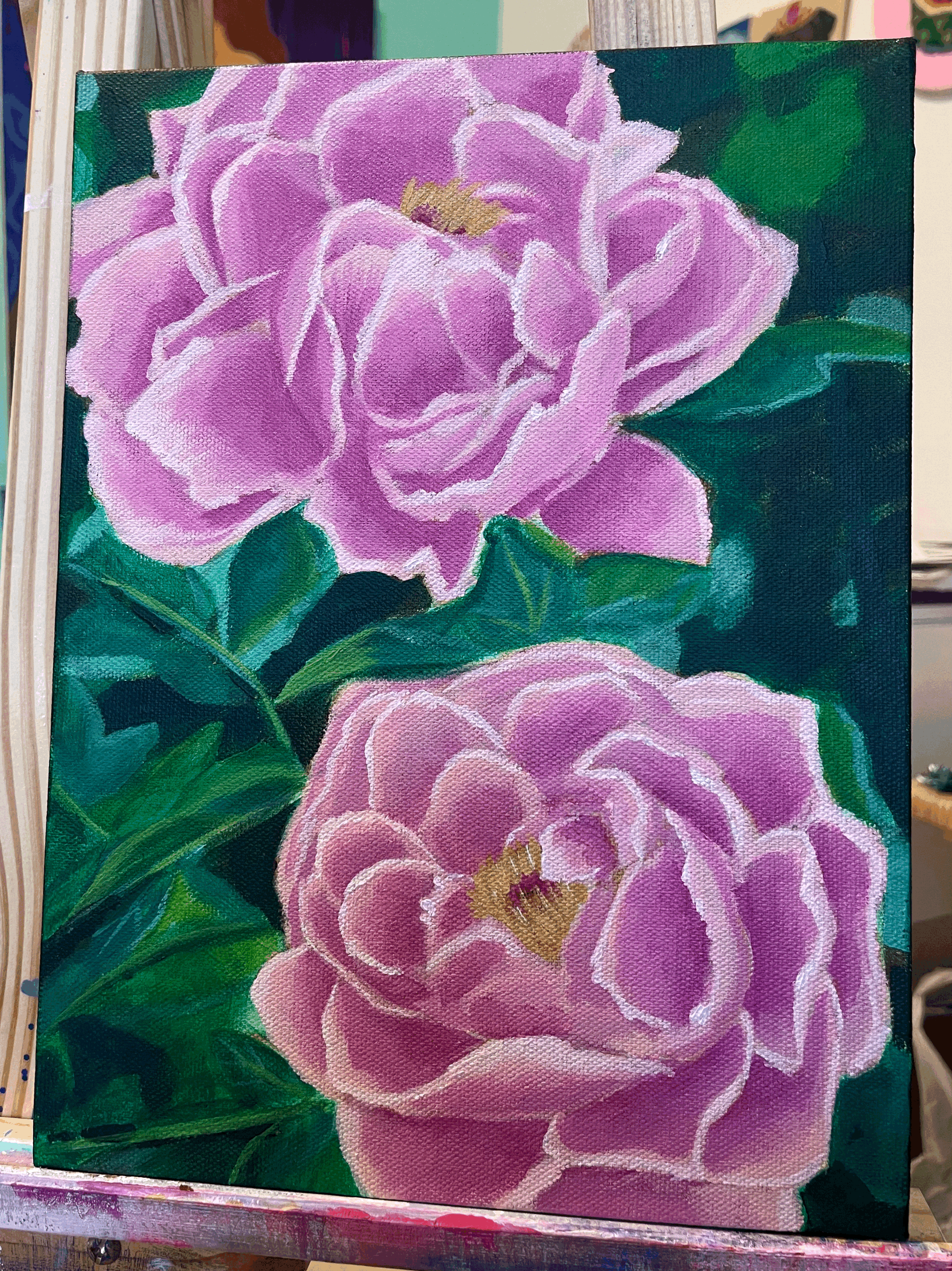 two pink flowers painting 9x12