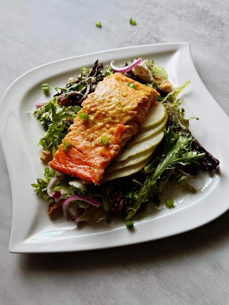 salmon and pear salad with lemon dijon vinaigrette
