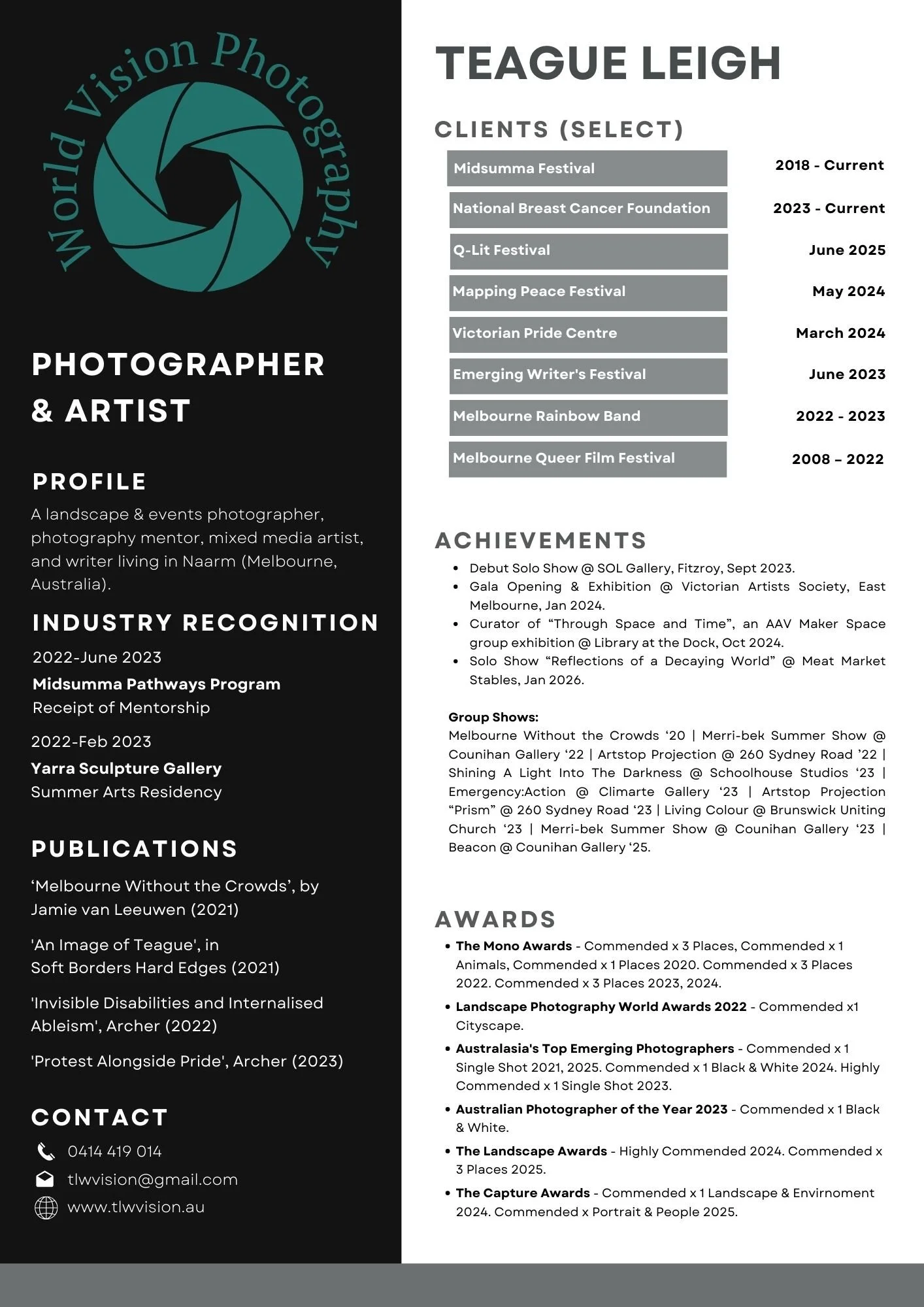 Teague Leigh's Curriculum Vitae