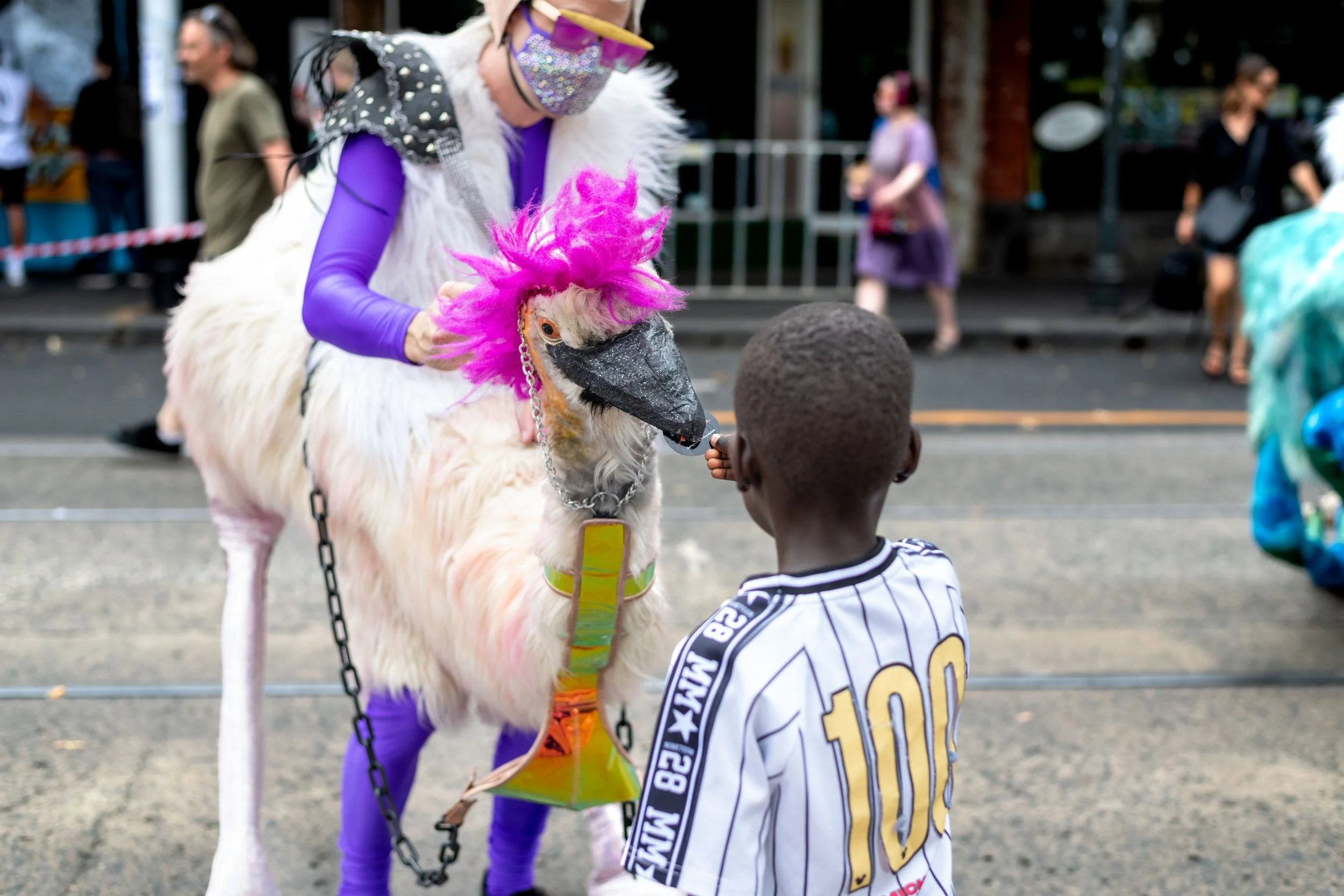 Punk Emus with a child.