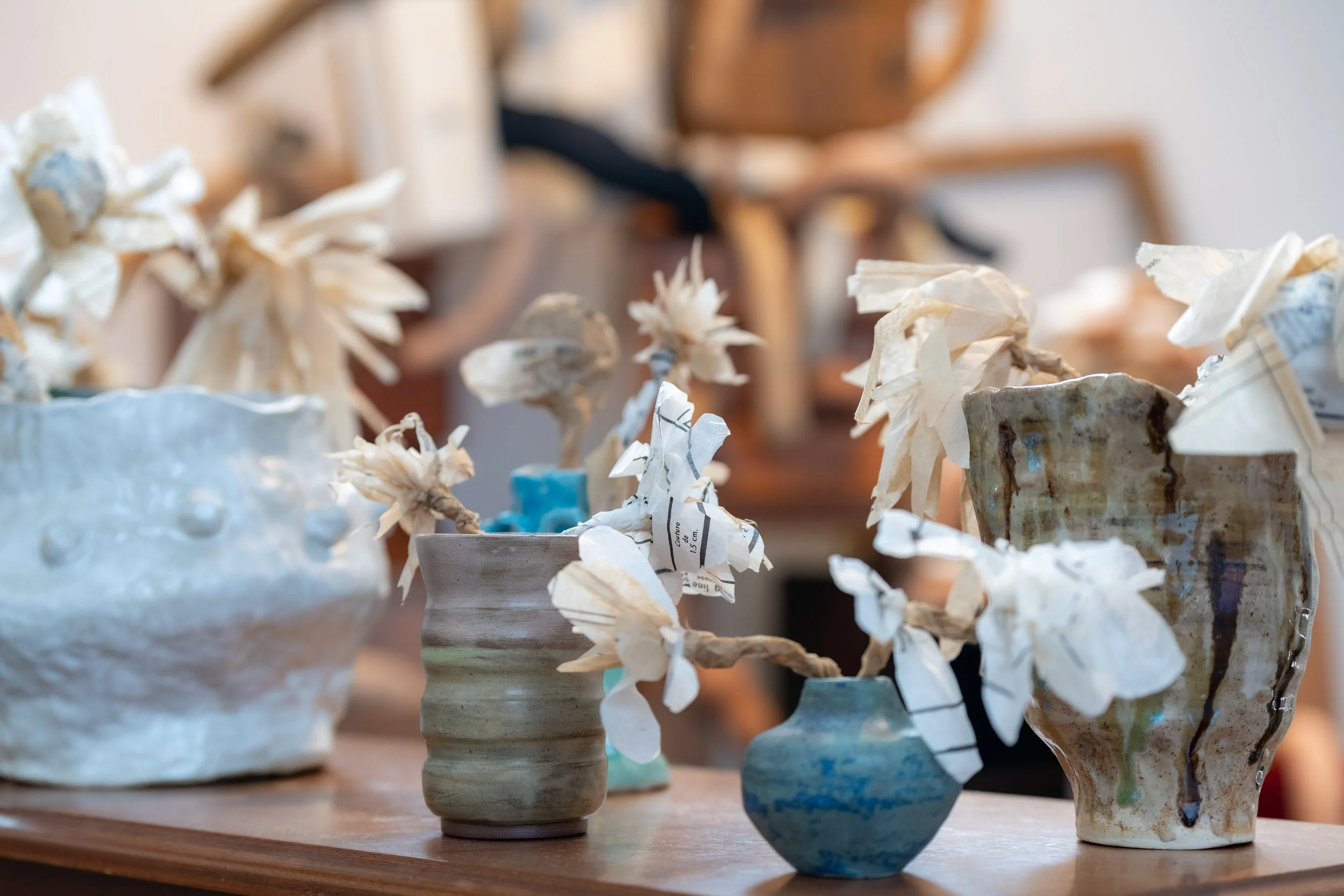 Paper and ceramic sculptures.
