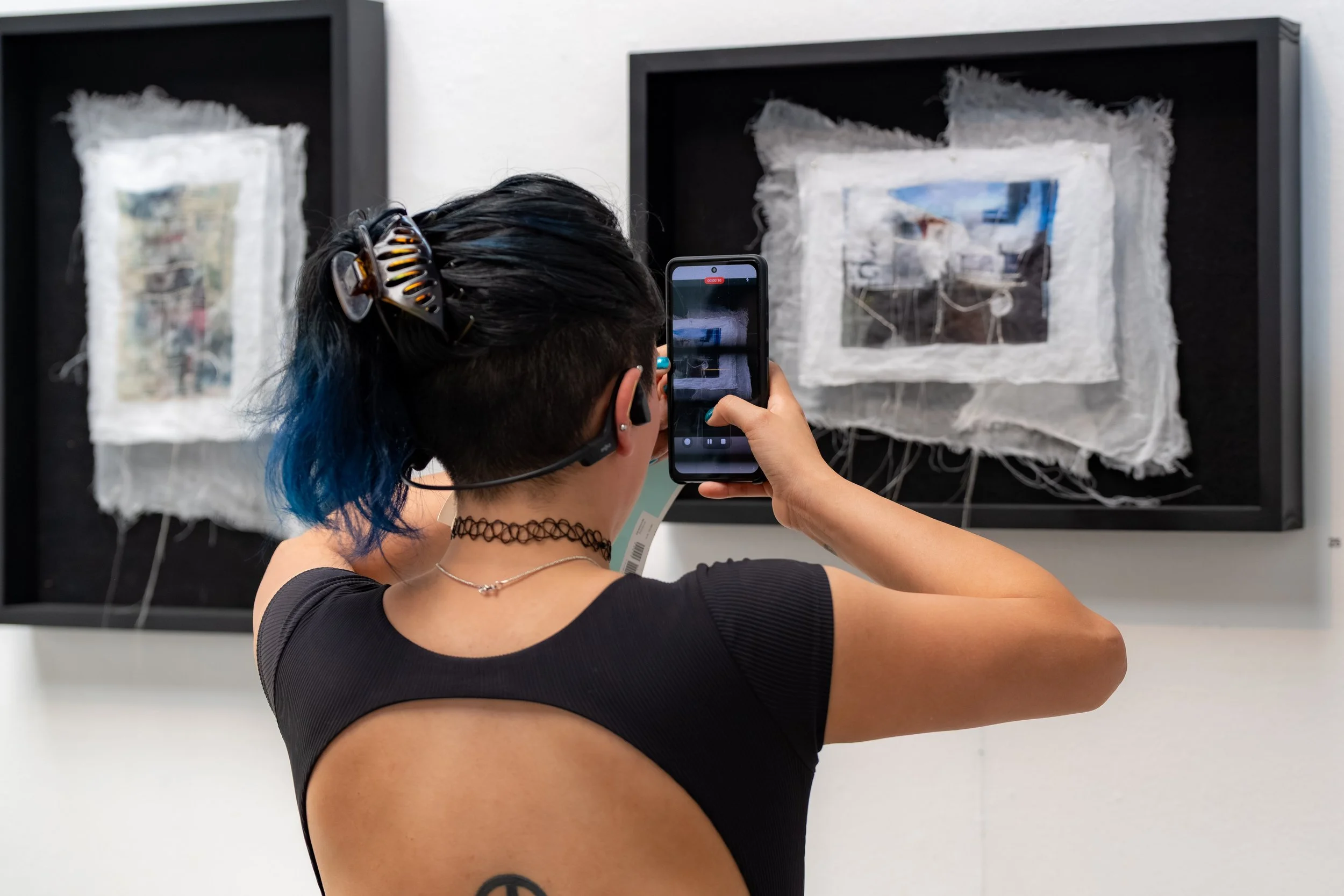 A human takes a video of artwork on their phone.