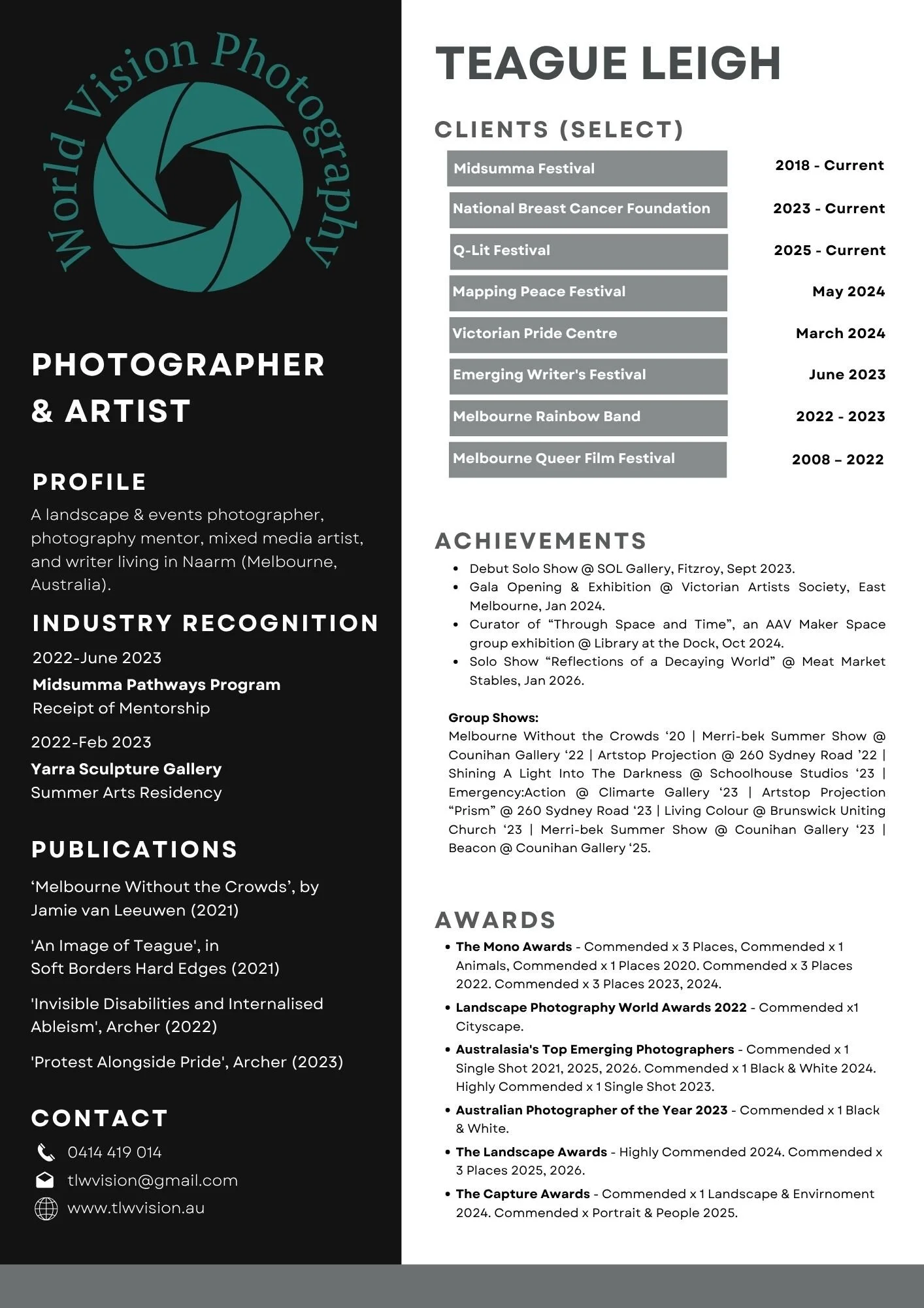 Teague Leigh's Curriculum Vitae