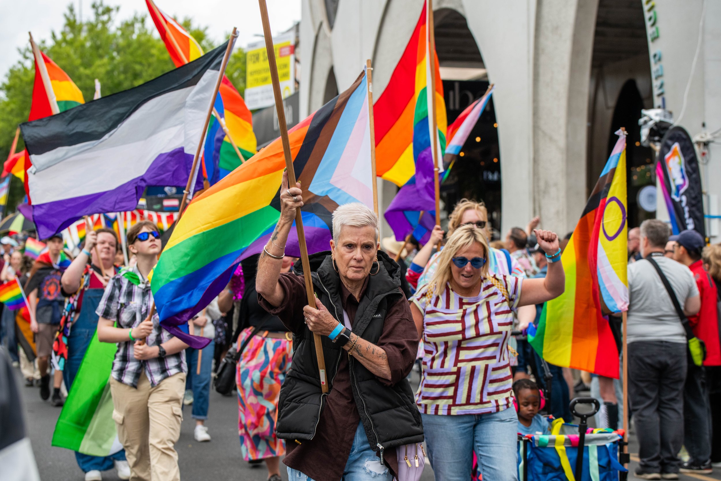 Humans waving multiple pride flags.