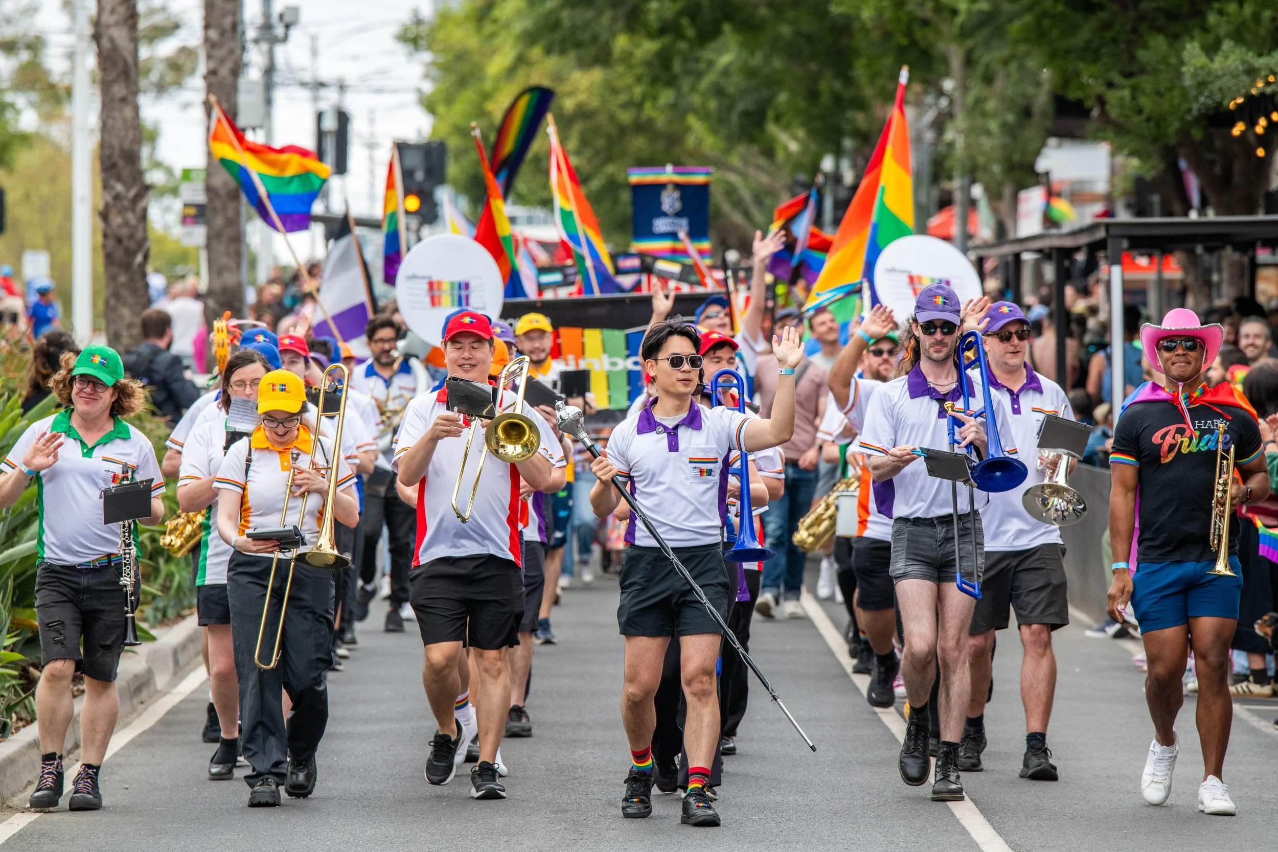 Rainbow marching band.