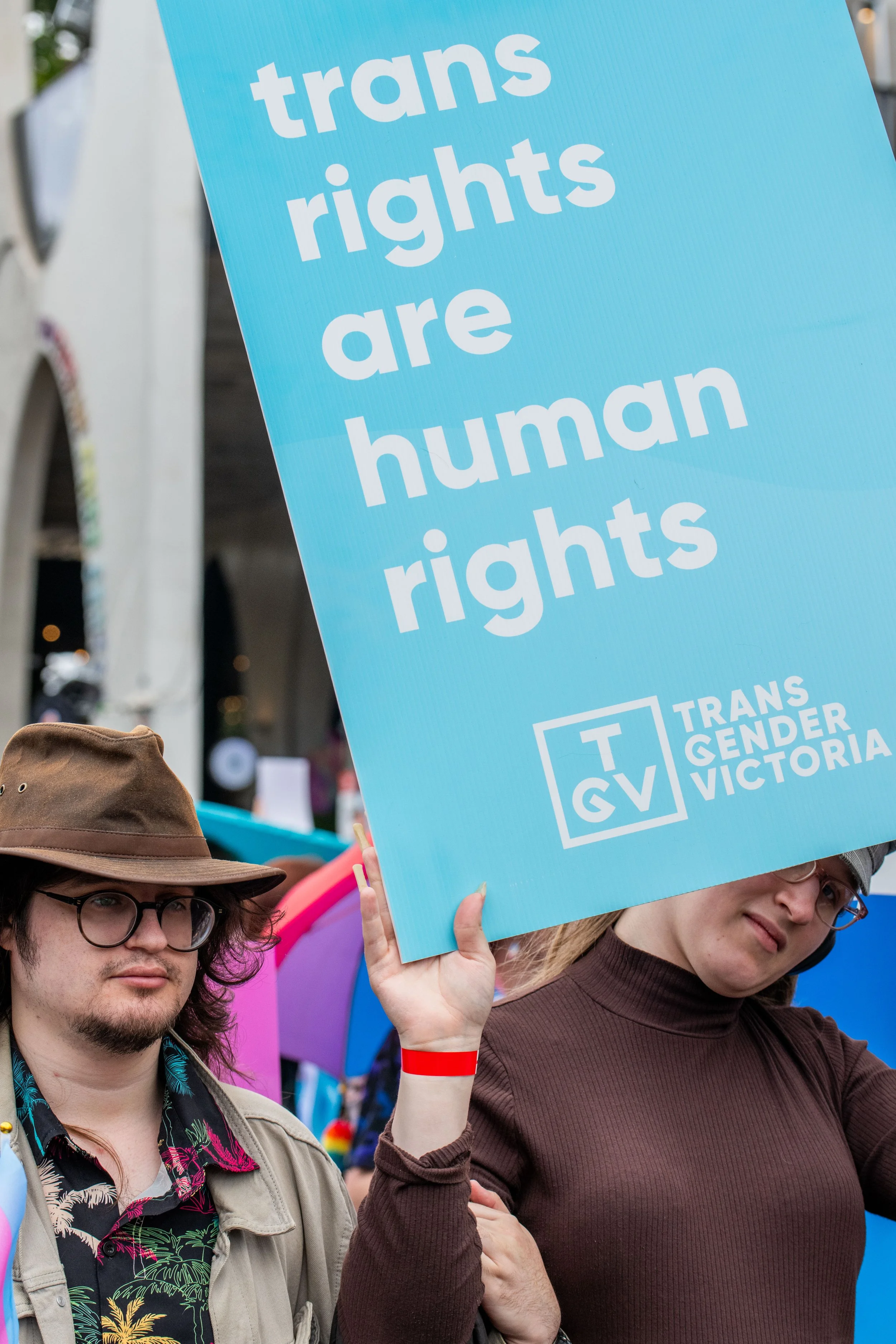 A placard "Trans rights are human rights".