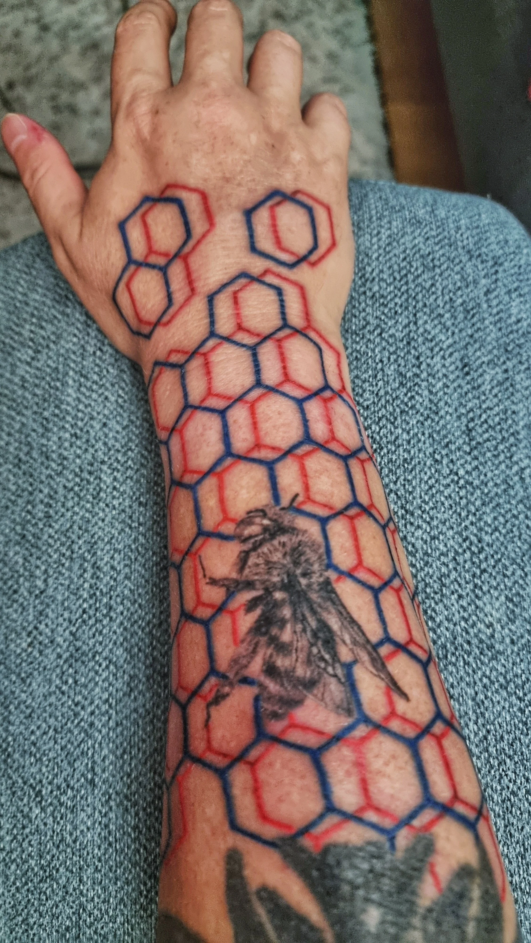 A greyscale blue banded bee atop 3D red and blue honeycomb.