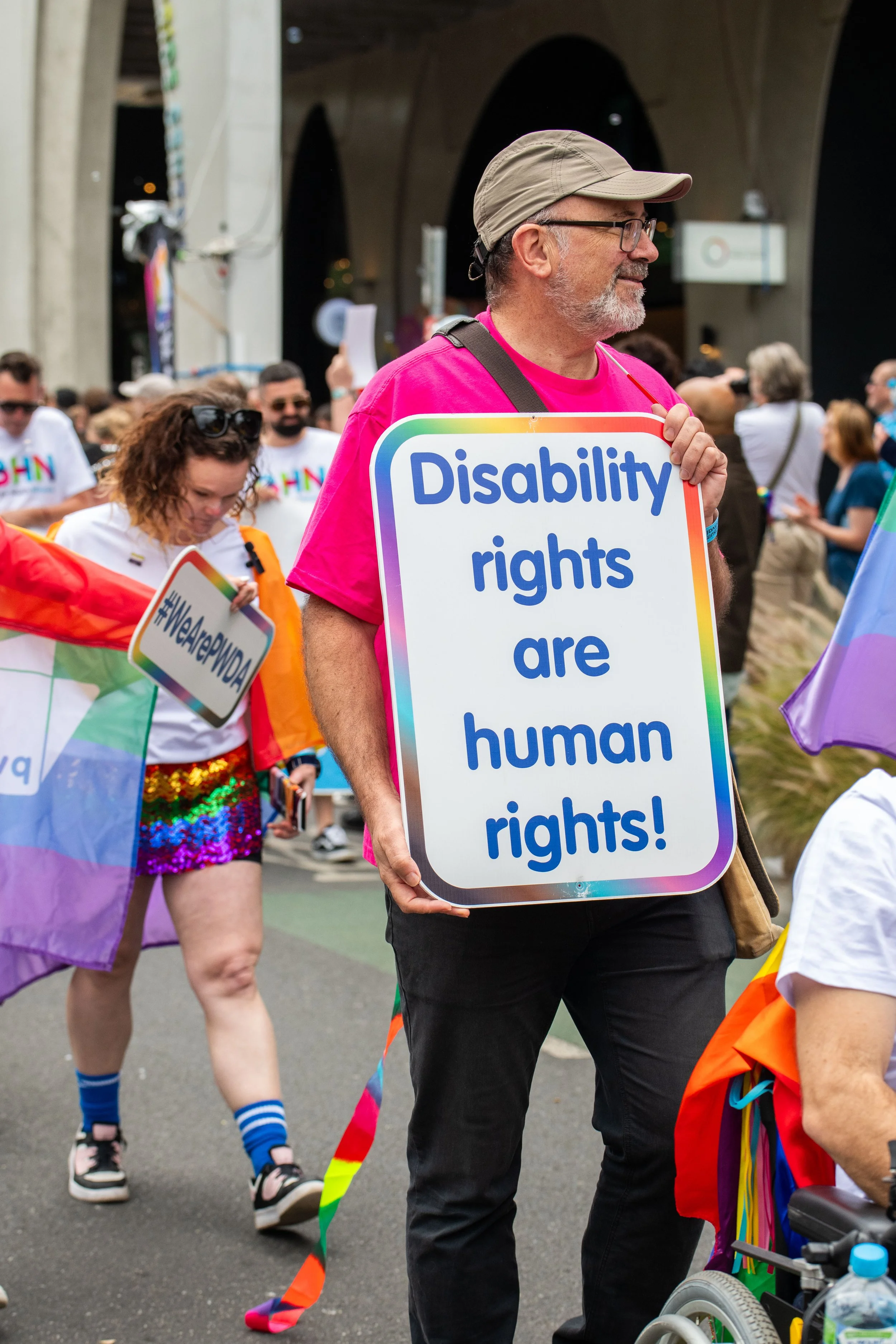 "Disability rights are human rights" placard.