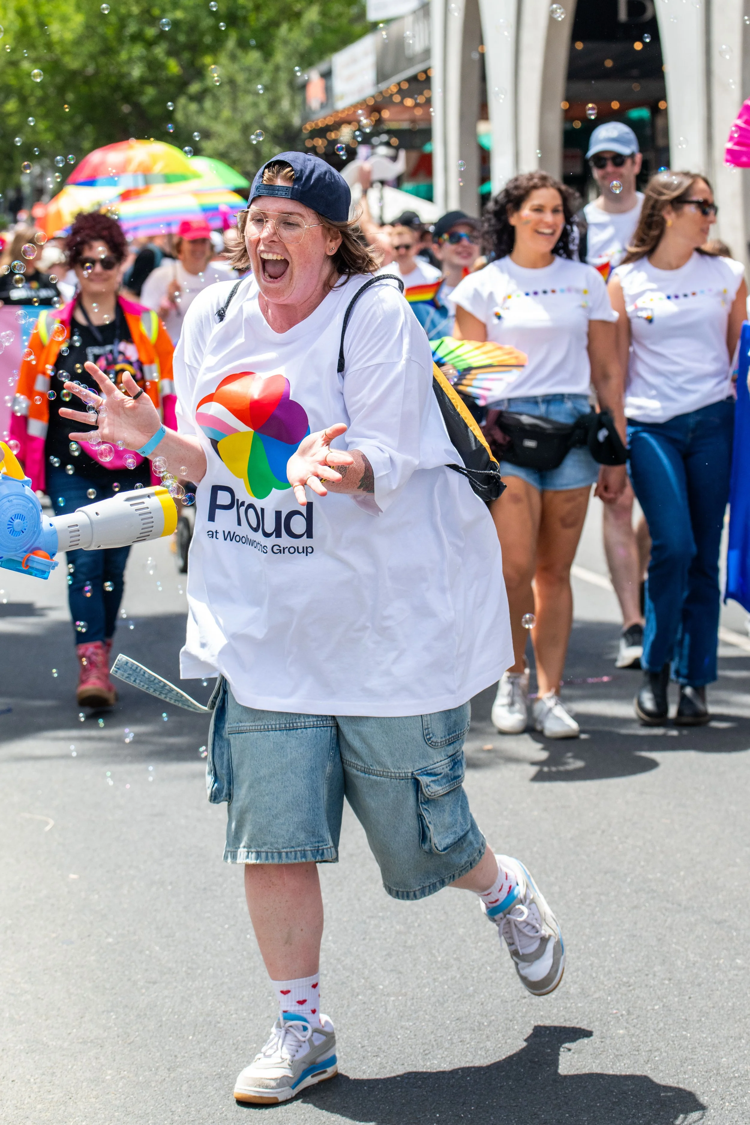 A human rushes towards bubbles.