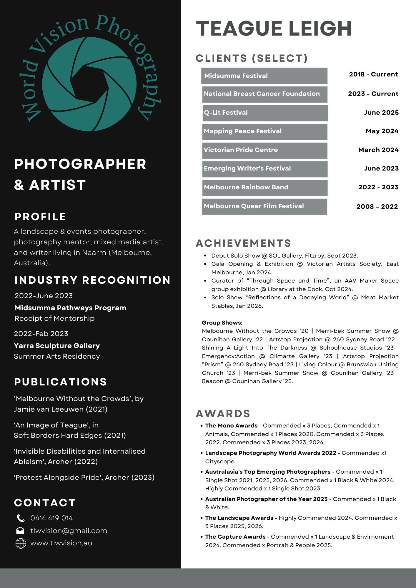 Teague Leigh's Curriculum Vitae