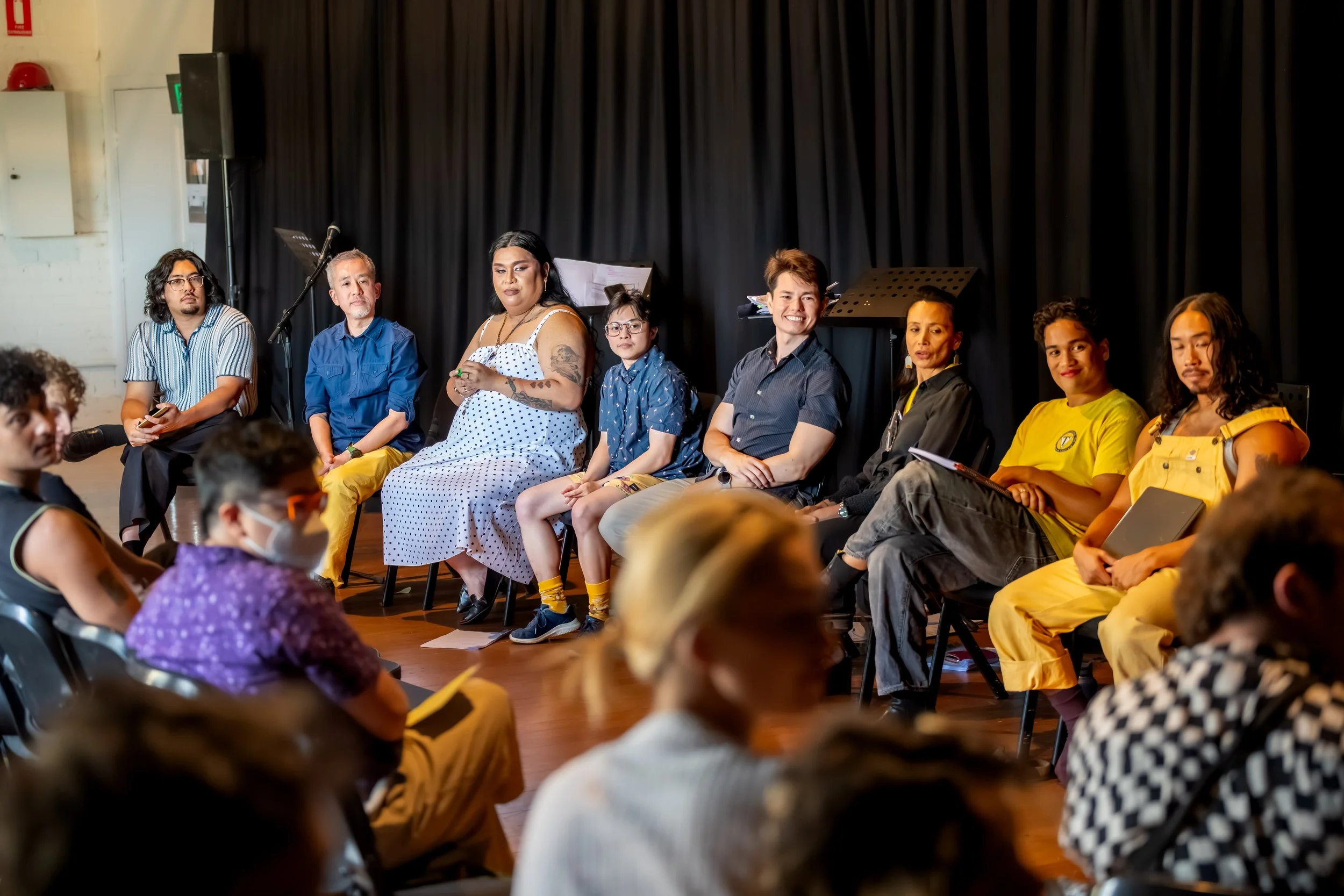 The cast and crew of Mr Big taking questions.