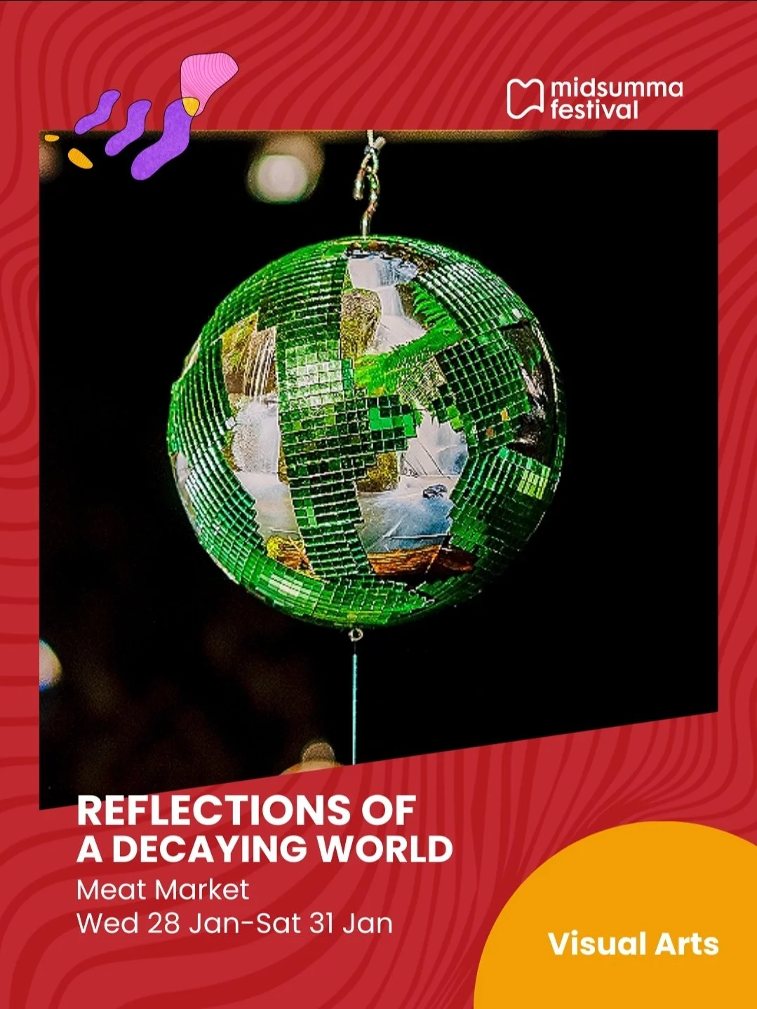 A green deconstructed mirror ball is suspended in the air. A landscape image is wrapped underneath the mirror tiles on the ball.