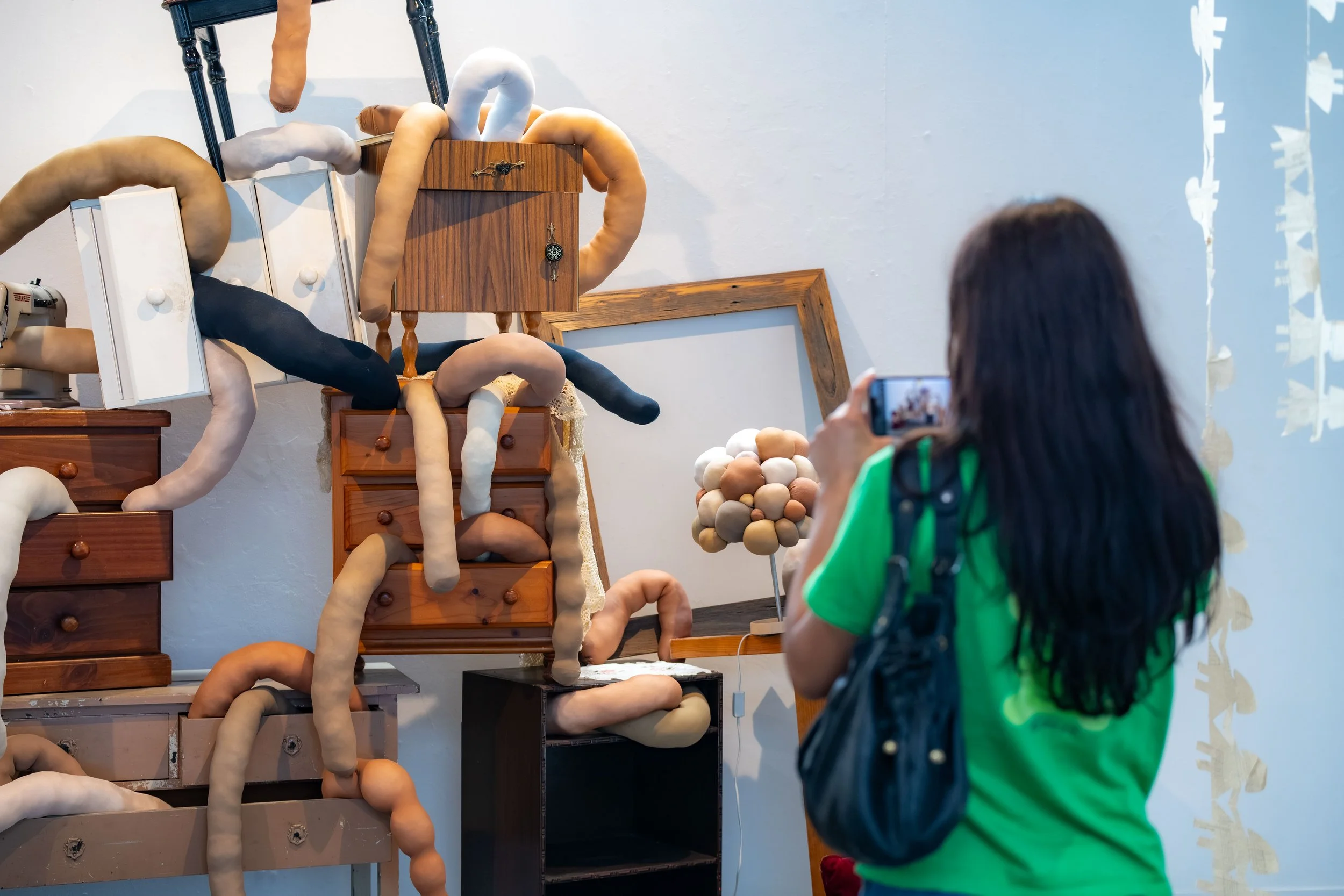 A human takes a photo of artwork on their phone.