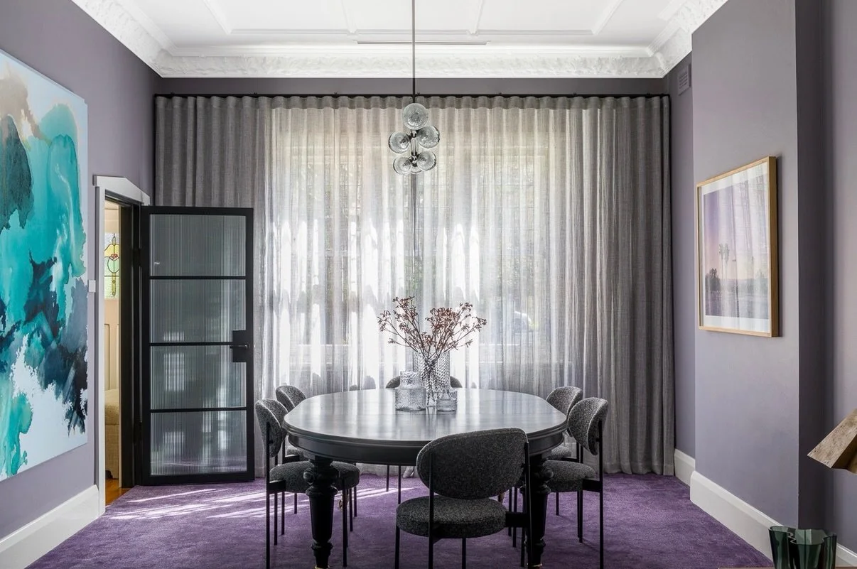 Still one of our most beloved spaces from 2024.

Titled Hidden Gem, a quiet nod to both its tucked away location and the richly saturated palette within. Walls and carpet are washed in a vibrant amethyst hue, enveloping the room in depth, warmth and 