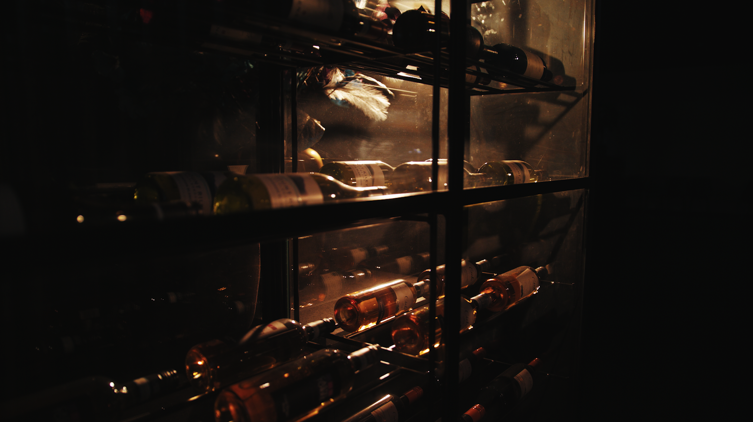 A close-up view of a wine refrigerator with bottles stored on metal racks inside, illuminated warmly in a dark room.