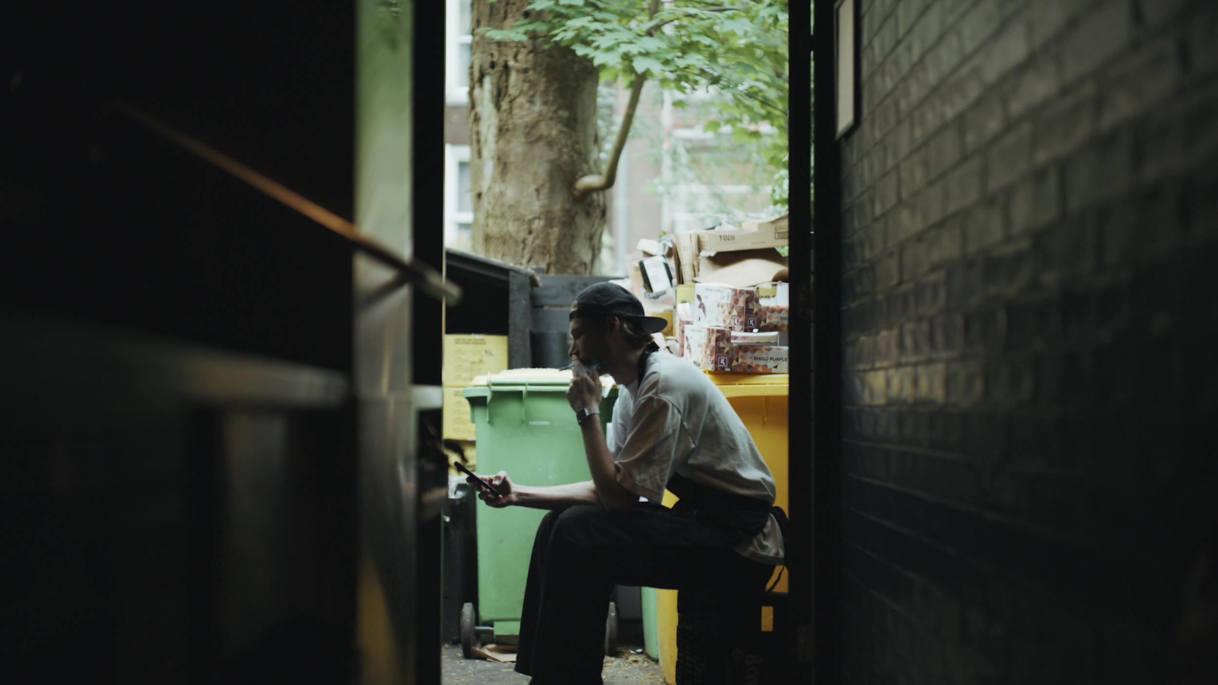 A person sitting on a step outside, wearing a backwards cap and a short-sleeve shirt, looking at their phone while holding a snack, with a tree, cardboard boxes, and dumpsters in the background, viewed through a narrow passage between dark walls.