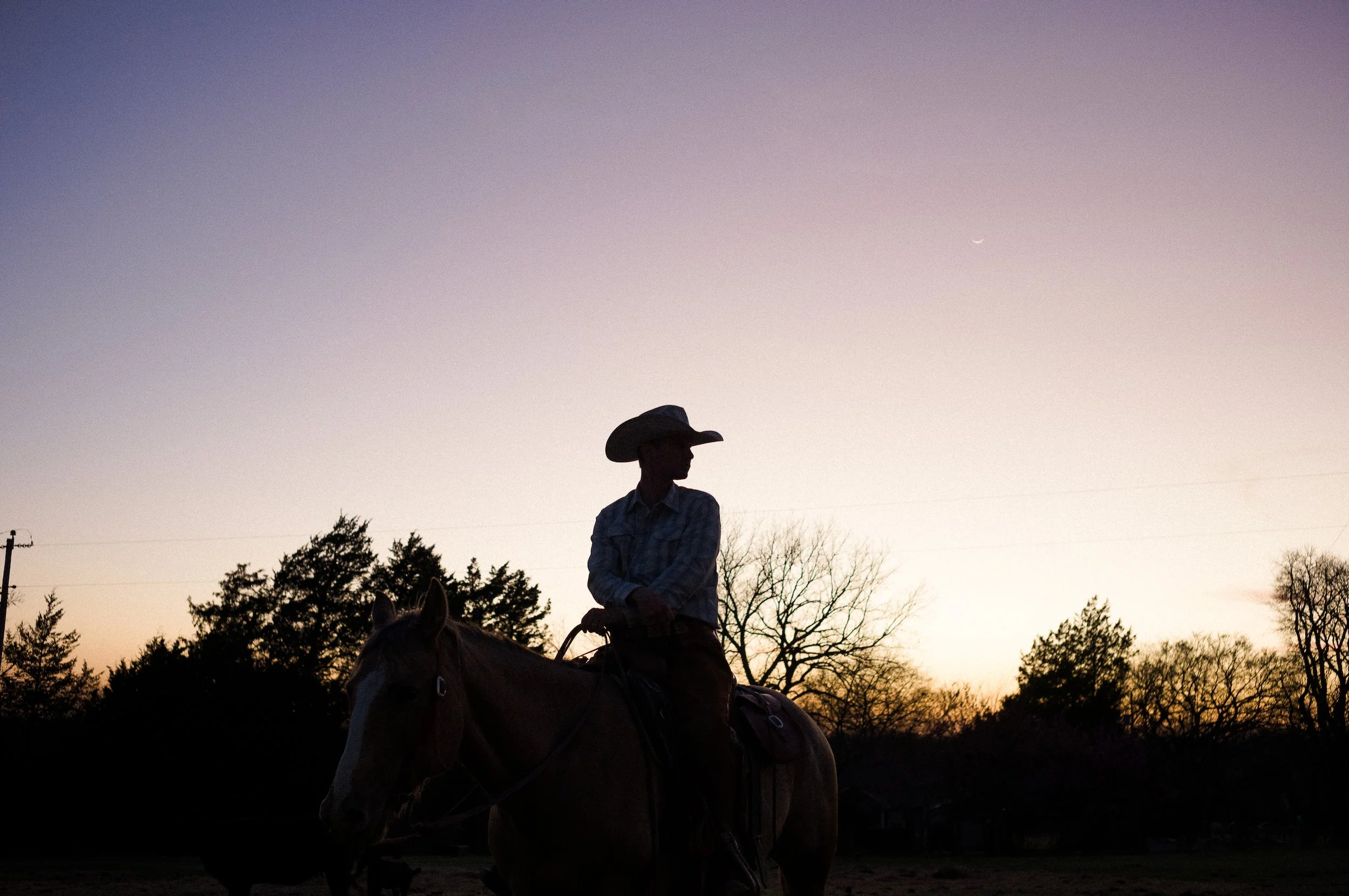 Silhouette of a person wearing a cowboy hat riding a horse during sunset, with trees and a fading moon in the sky.