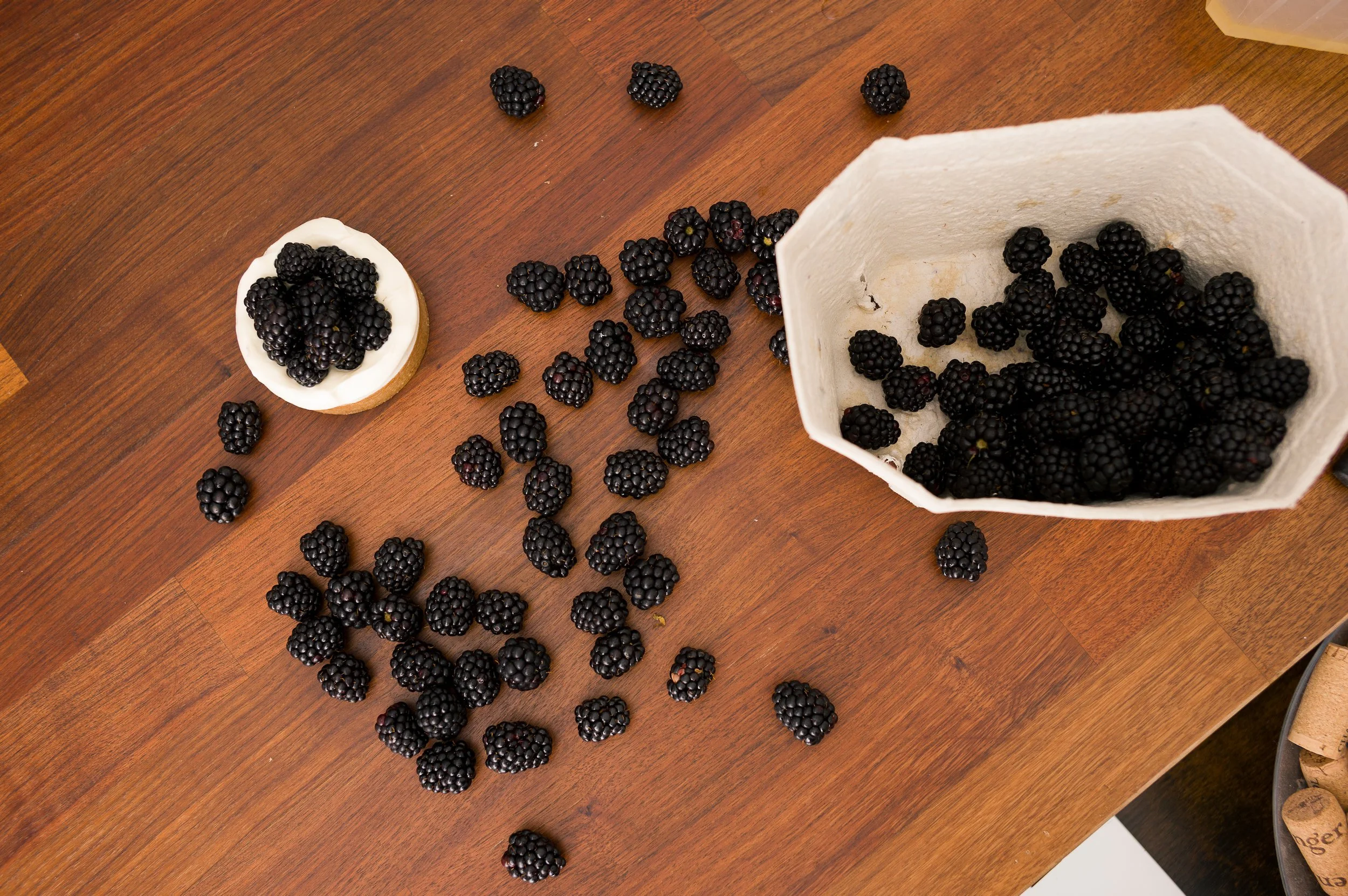 Blackberries scattered on a wooden table with a white container filled with blackberries on the right and a small plate with blackberries on the left.
