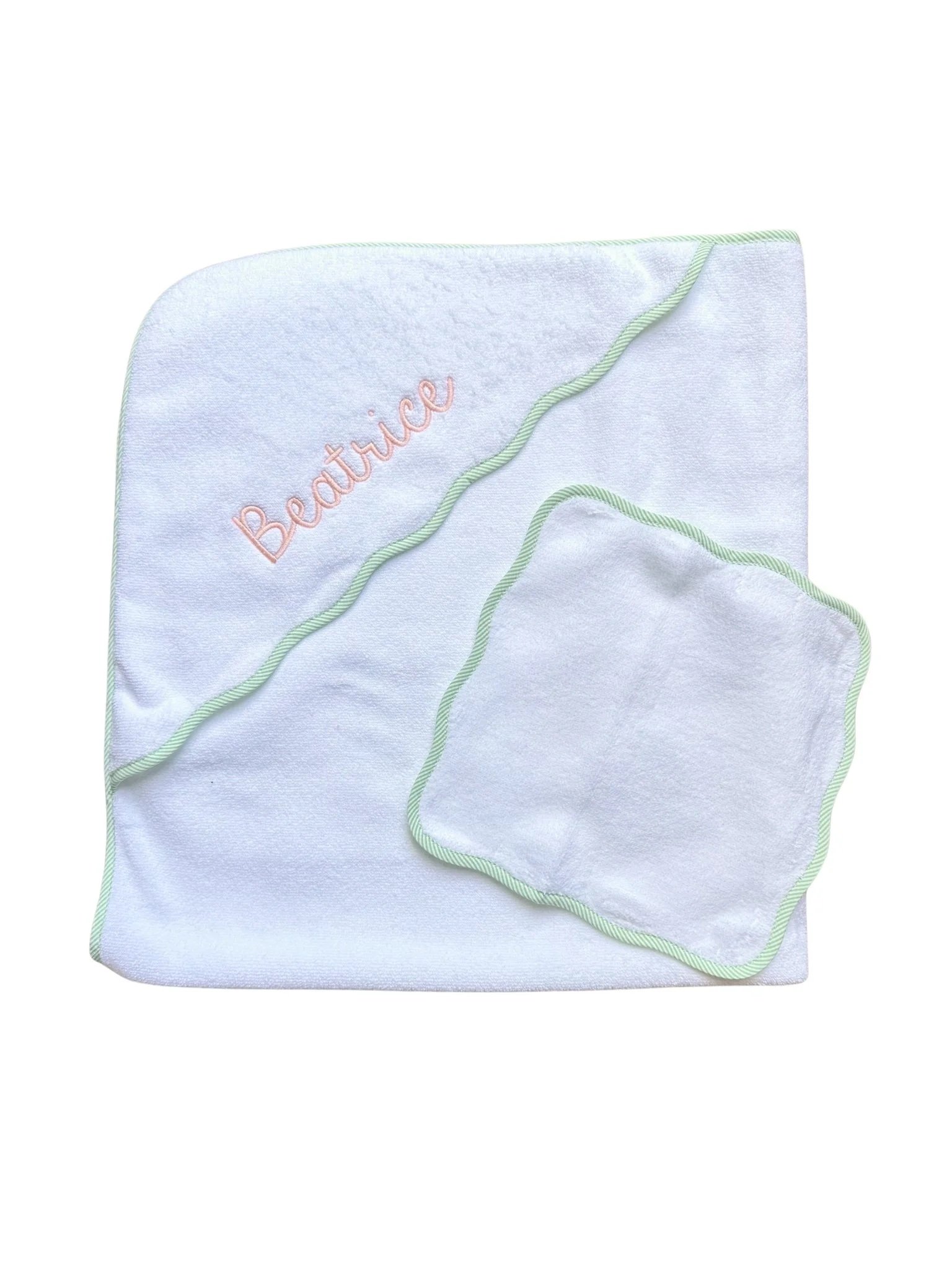 Custom embroidered hooded baby towel with green trim